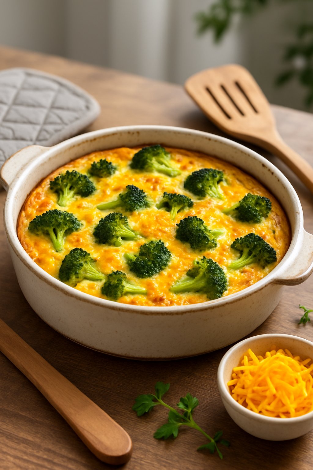 A roasted broccoli and cheddar frittata in a ceramic dish on a wooden table with kitchen utensils and fresh herbs nearby.