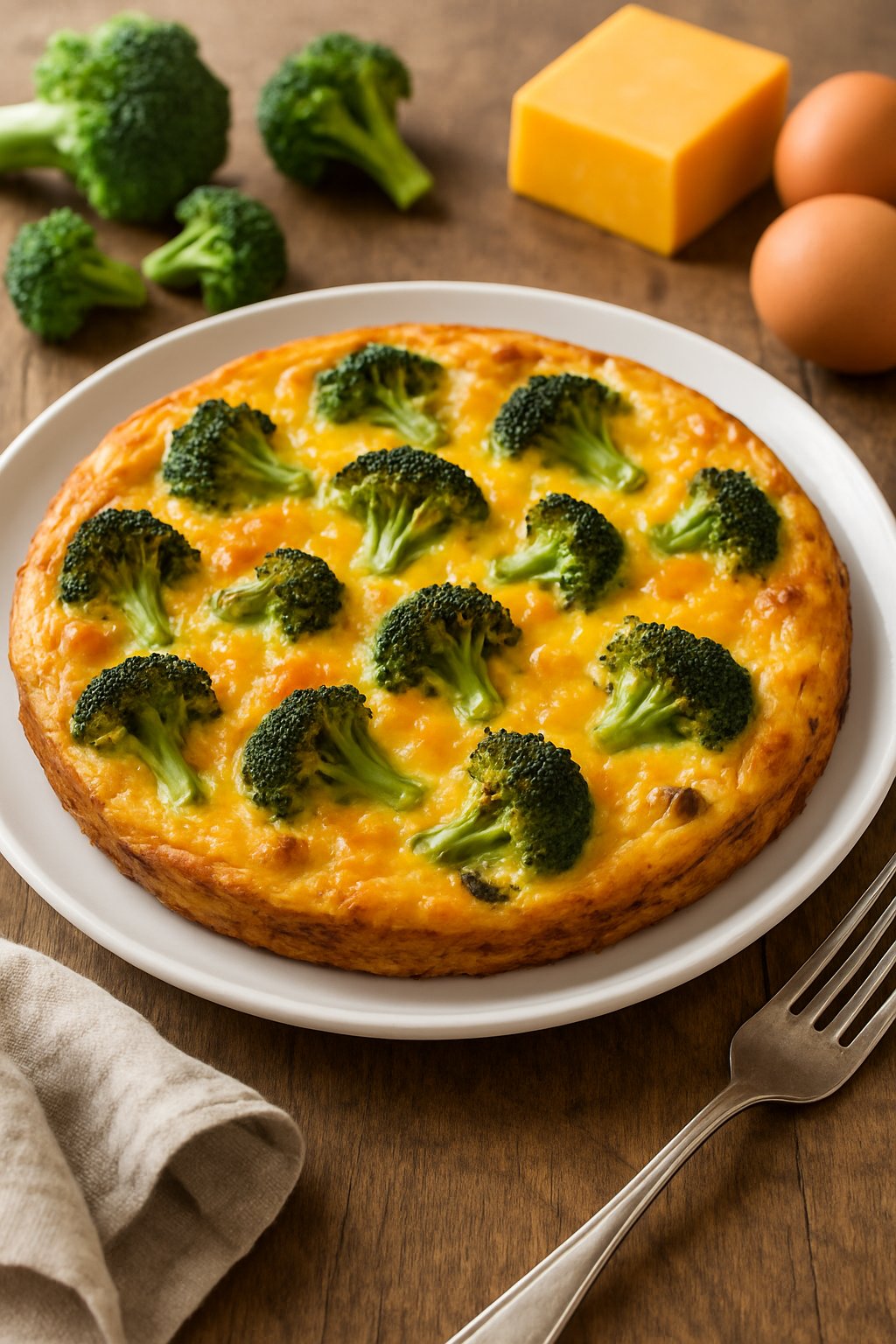 A roasted broccoli and cheddar frittata on a white plate with fresh broccoli, cheddar cheese, and eggs nearby on a wooden table.