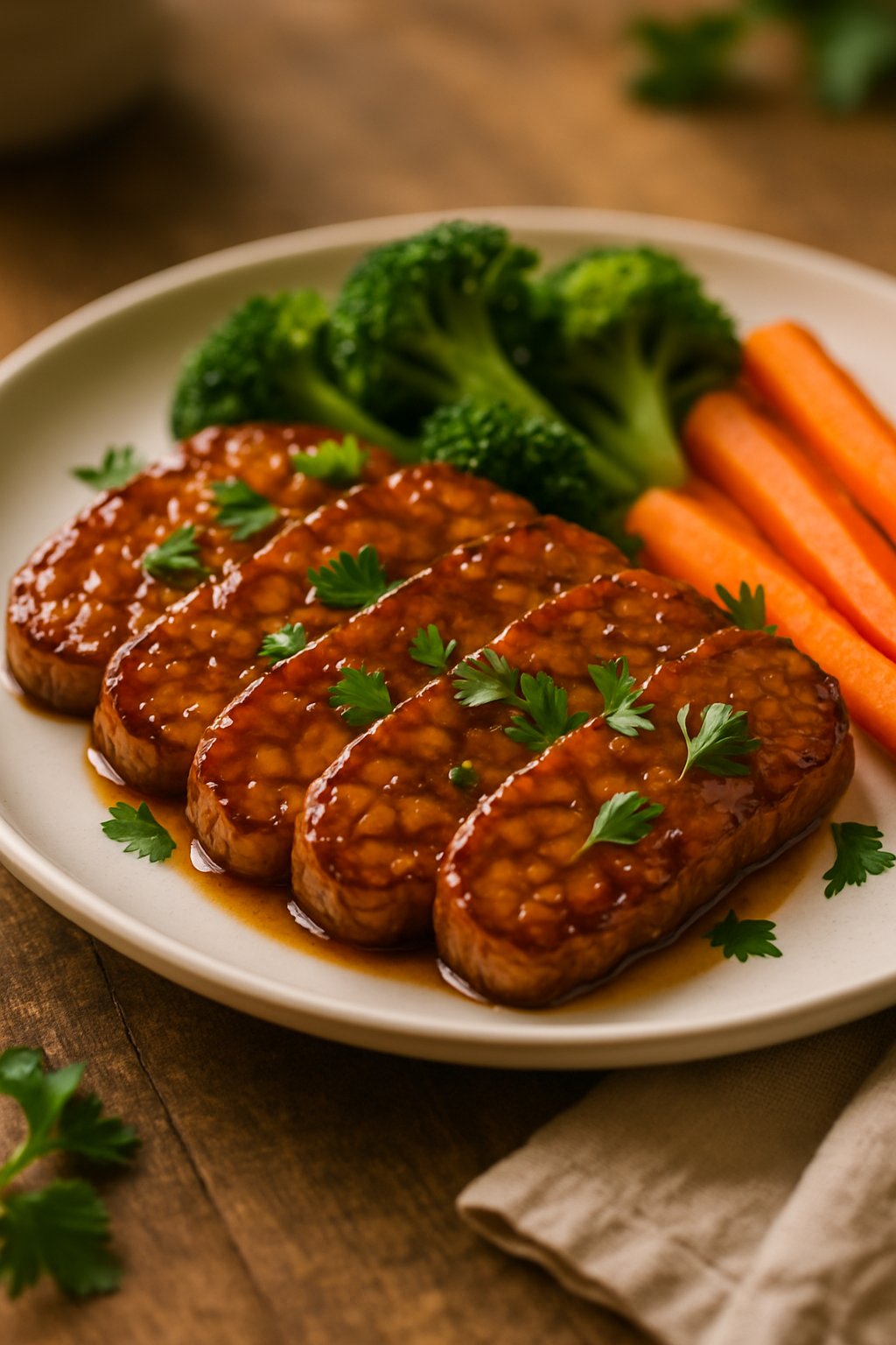 Plate of maple glazed tempeh slices garnished with fresh herbs and served with steamed vegetables on a wooden table.