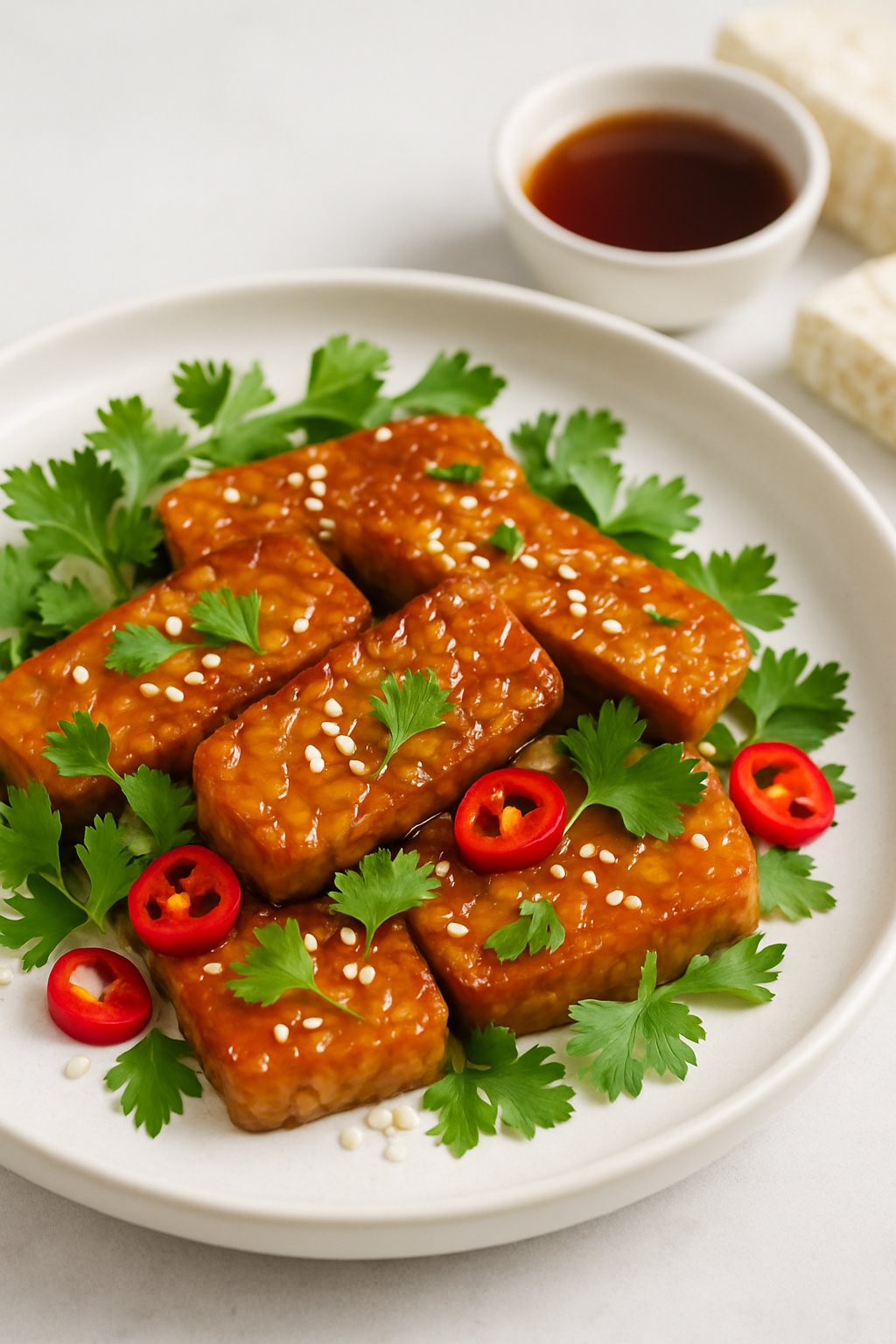 A plate of maple glazed tempeh garnished with fresh herbs and chili slices, with a bowl of maple syrup and raw tempeh in the background.
