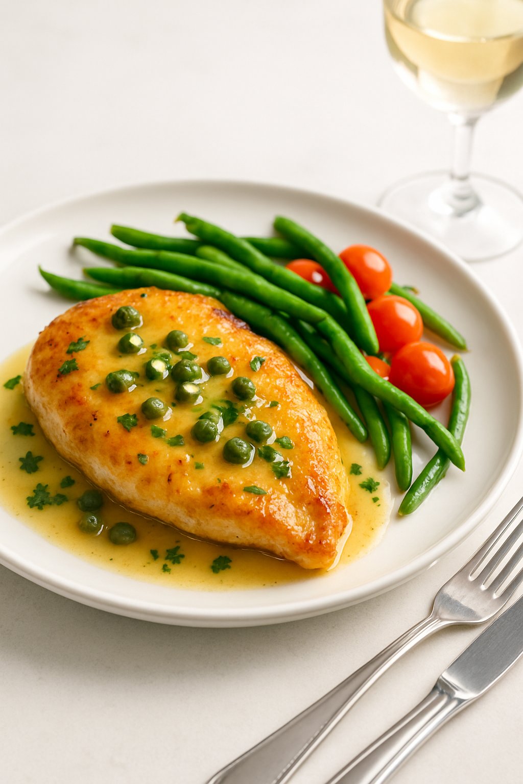 A plated chicken piccata dish with lemon-caper sauce and sautéed vegetables on a white plate on a kitchen table.