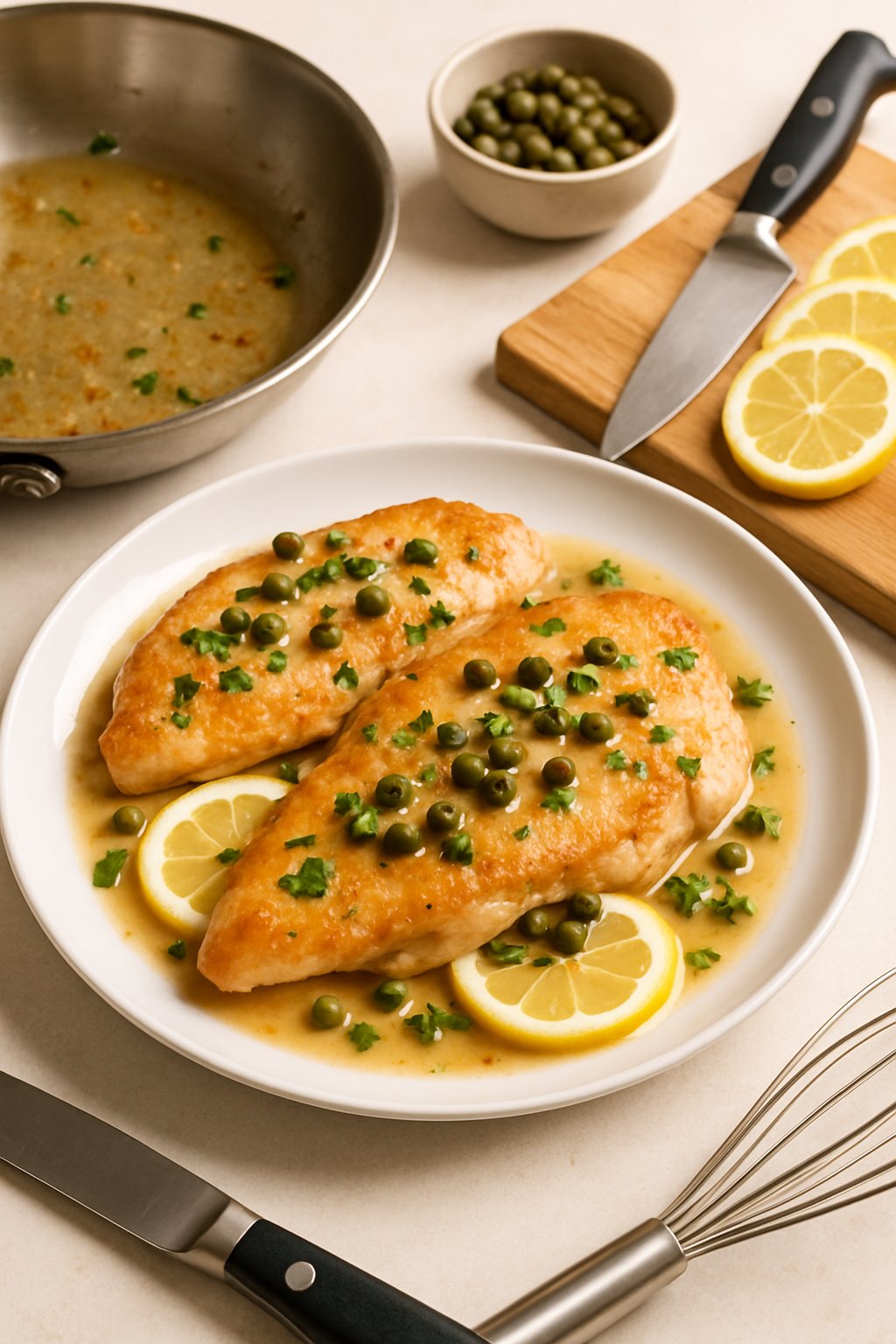 A plate of chicken piccata with lemon sauce and capers, surrounded by cooking utensils and ingredients on a kitchen countertop.