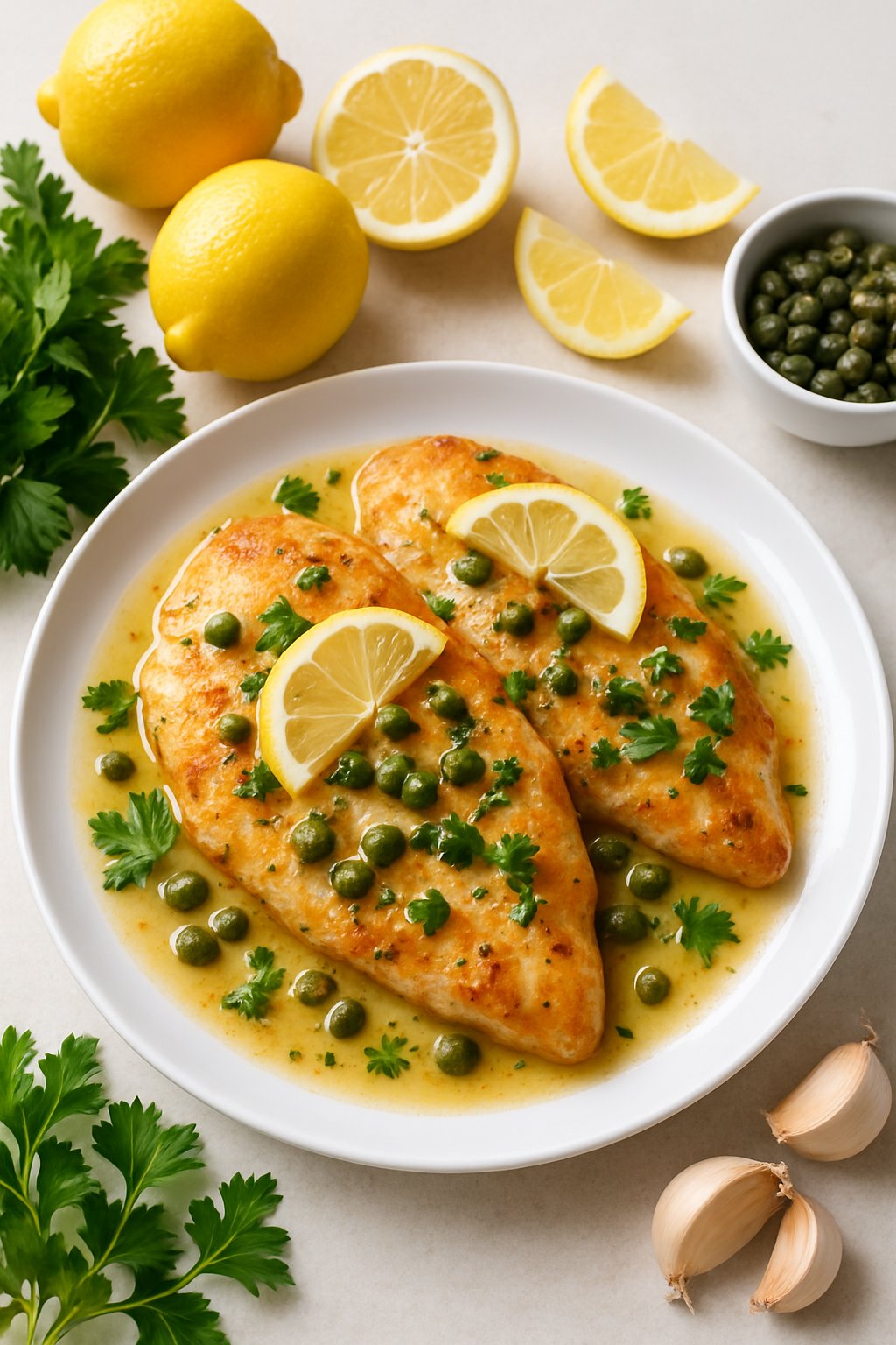 Plate of cooked chicken piccata with lemon sauce, capers, and parsley, surrounded by fresh lemons, garlic, and herbs on a kitchen countertop.