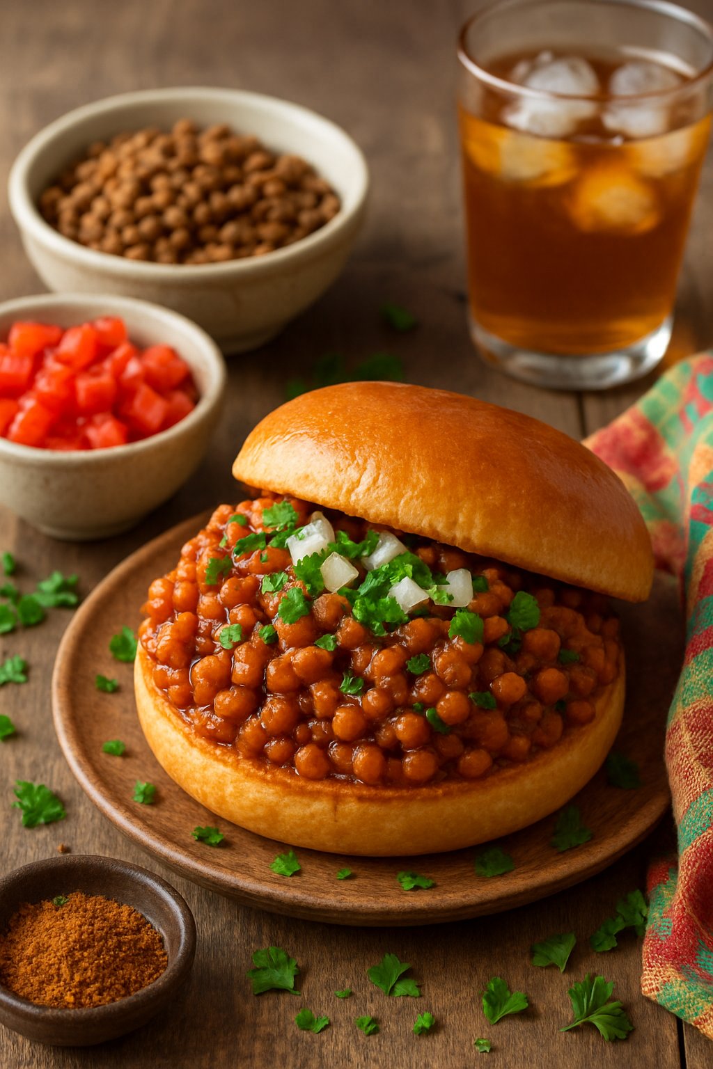 A lentil sloppy joe sandwich on a toasted bun with lentil filling and garnishes on a wooden table surrounded by small bowls of ingredients.