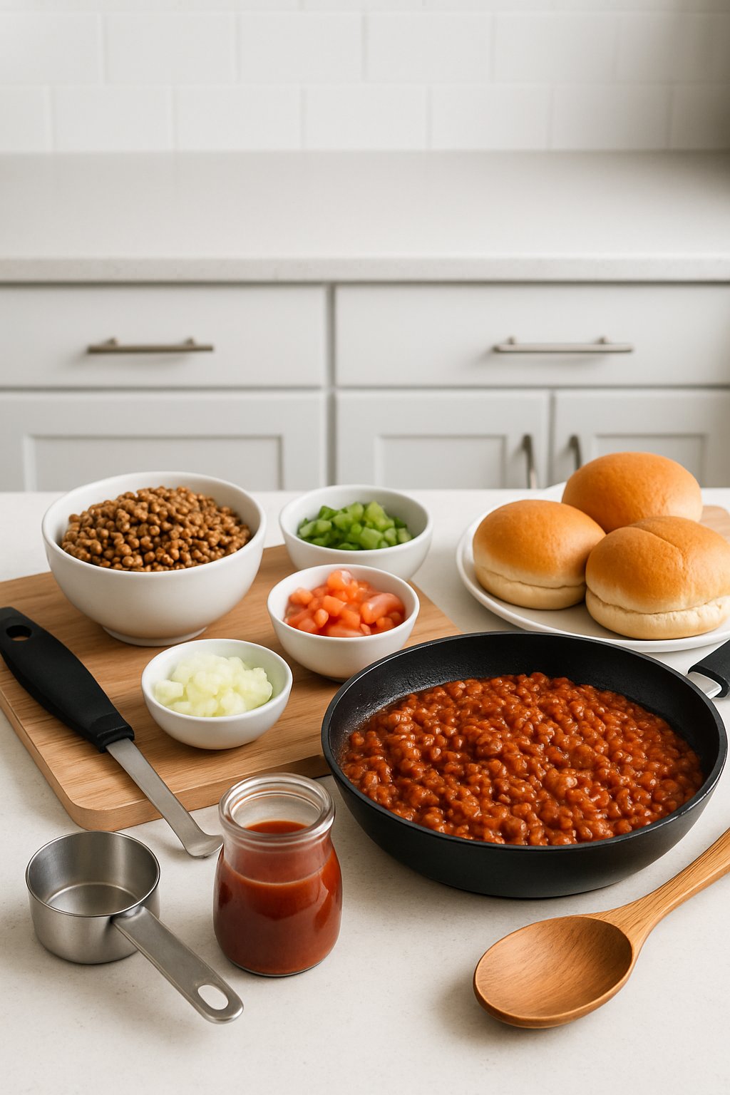 A kitchen countertop with bowls of cooked lentils, a skillet with lentil mixture, fresh buns, chopped vegetables, and cooking utensils arranged for preparing lentil sloppy joes.