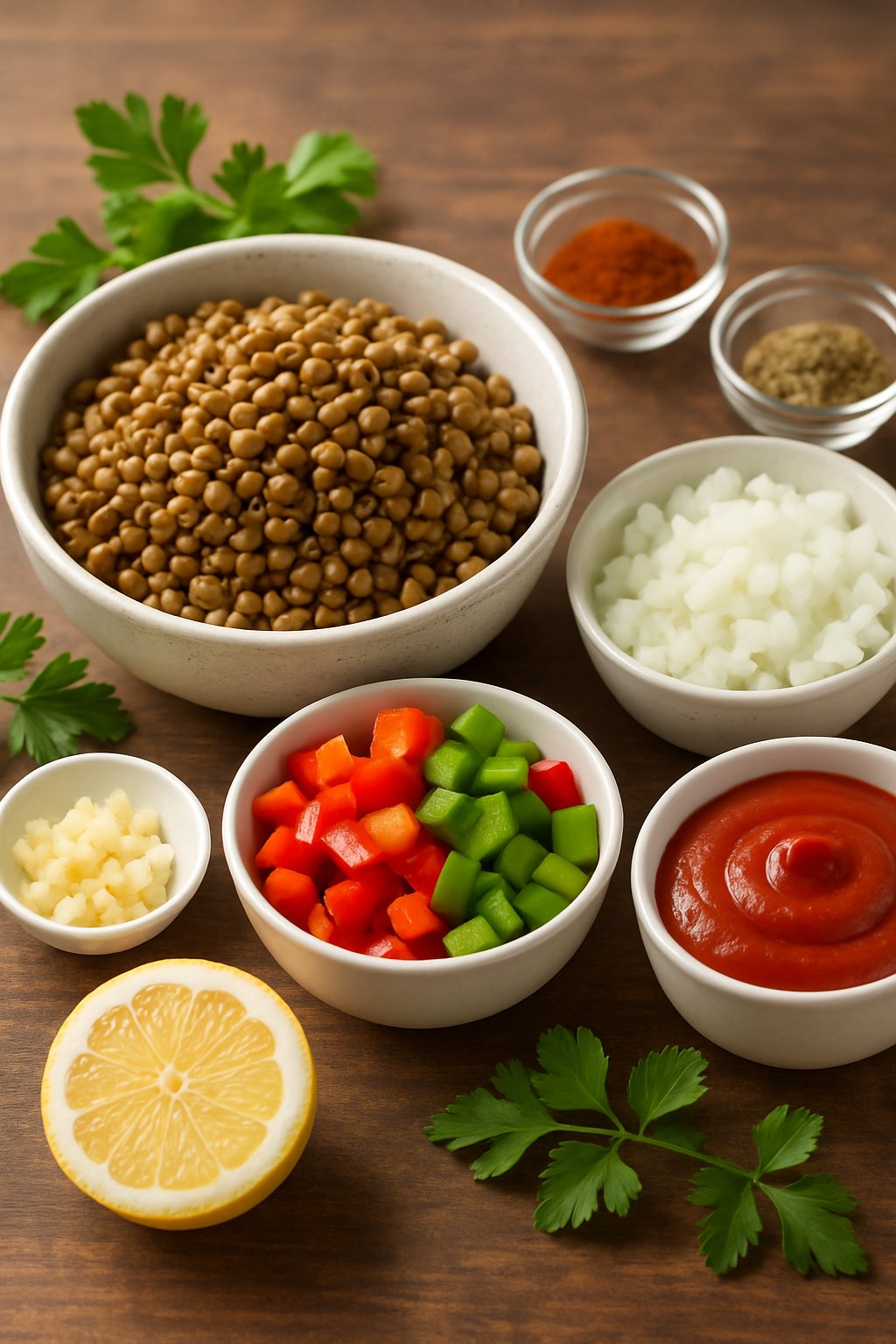 A variety of fresh ingredients for Lentil Sloppy Joes arranged on a wooden table, including cooked lentils, chopped vegetables, tomato sauce, and spices.