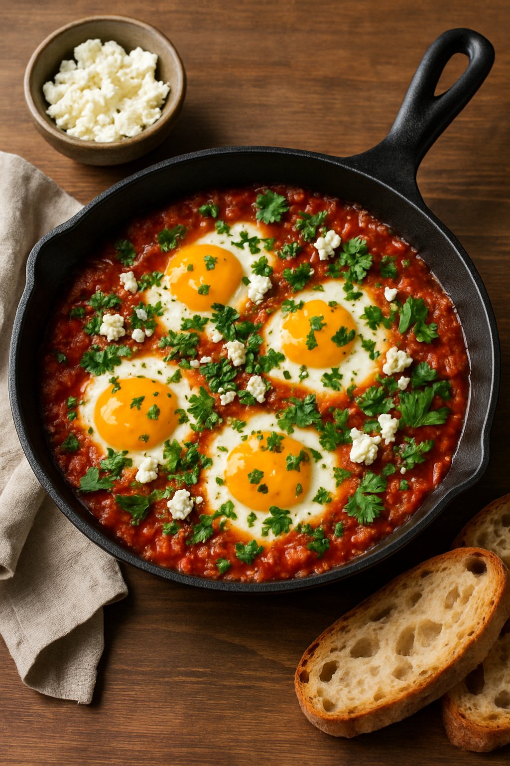 A skillet of shakshuka with poached eggs and crumbled feta cheese on a wooden table, accompanied by bread and fresh herbs.