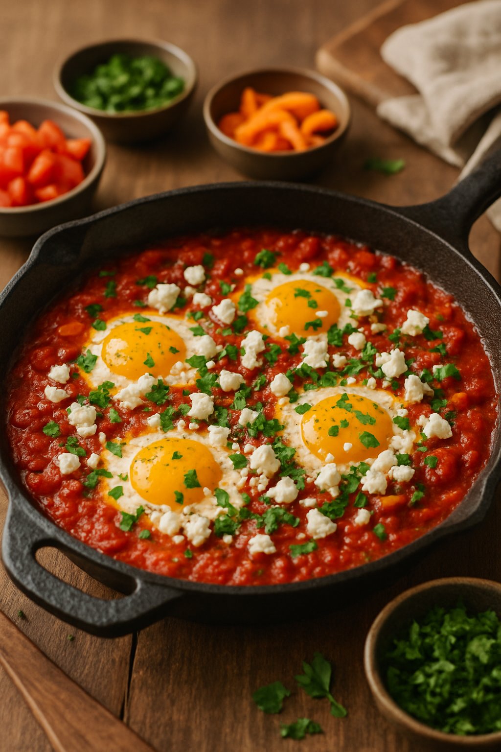 A skillet of shakshuka with poached eggs and crumbled feta cheese garnished with fresh parsley on a wooden table, surrounded by small bowls of ingredients.