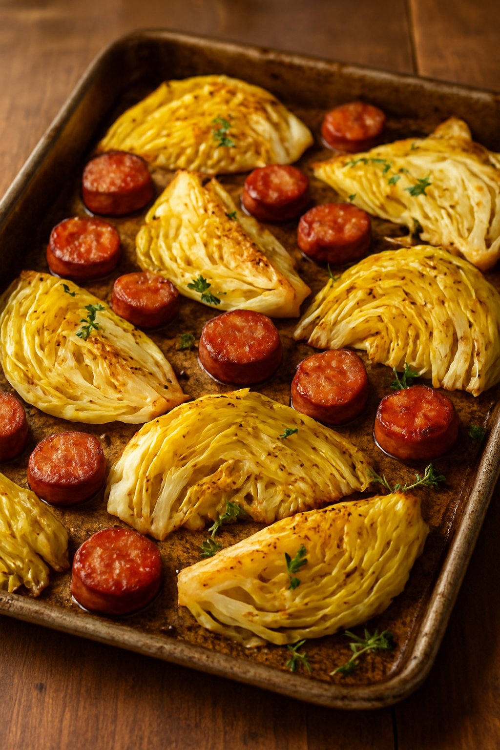 A sheet pan with roasted sausage slices and cabbage wedges garnished with fresh herbs.