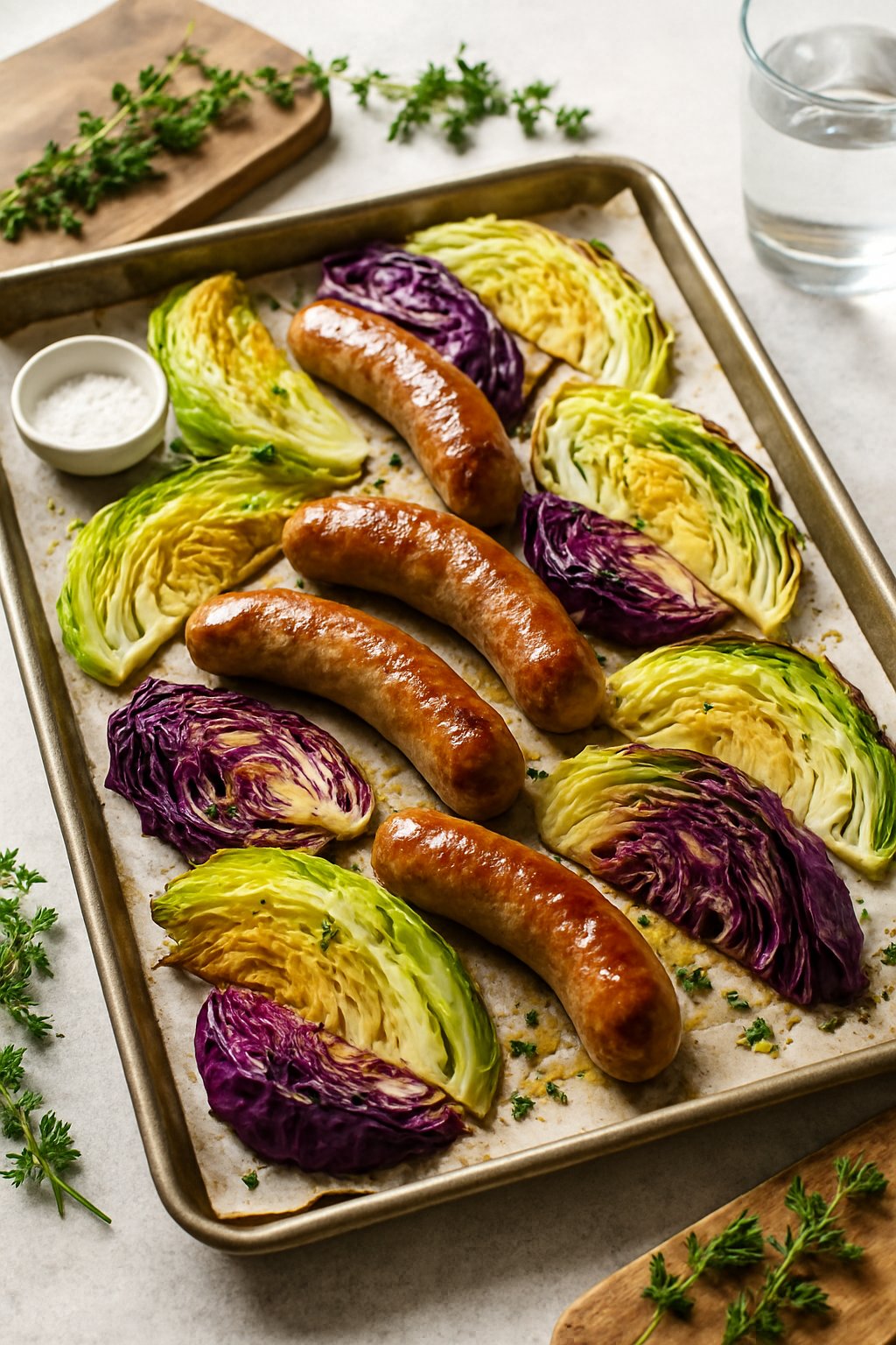 Sheet pan with roasted sausages and cabbage wedges on a kitchen counter with herbs and cooking utensils nearby.