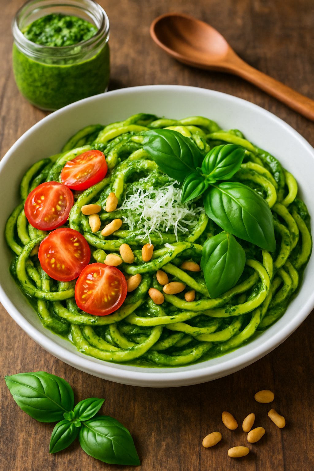 A bowl of spiralized zucchini noodles with green pesto sauce, cherry tomatoes, pine nuts, and basil leaves on a wooden table.