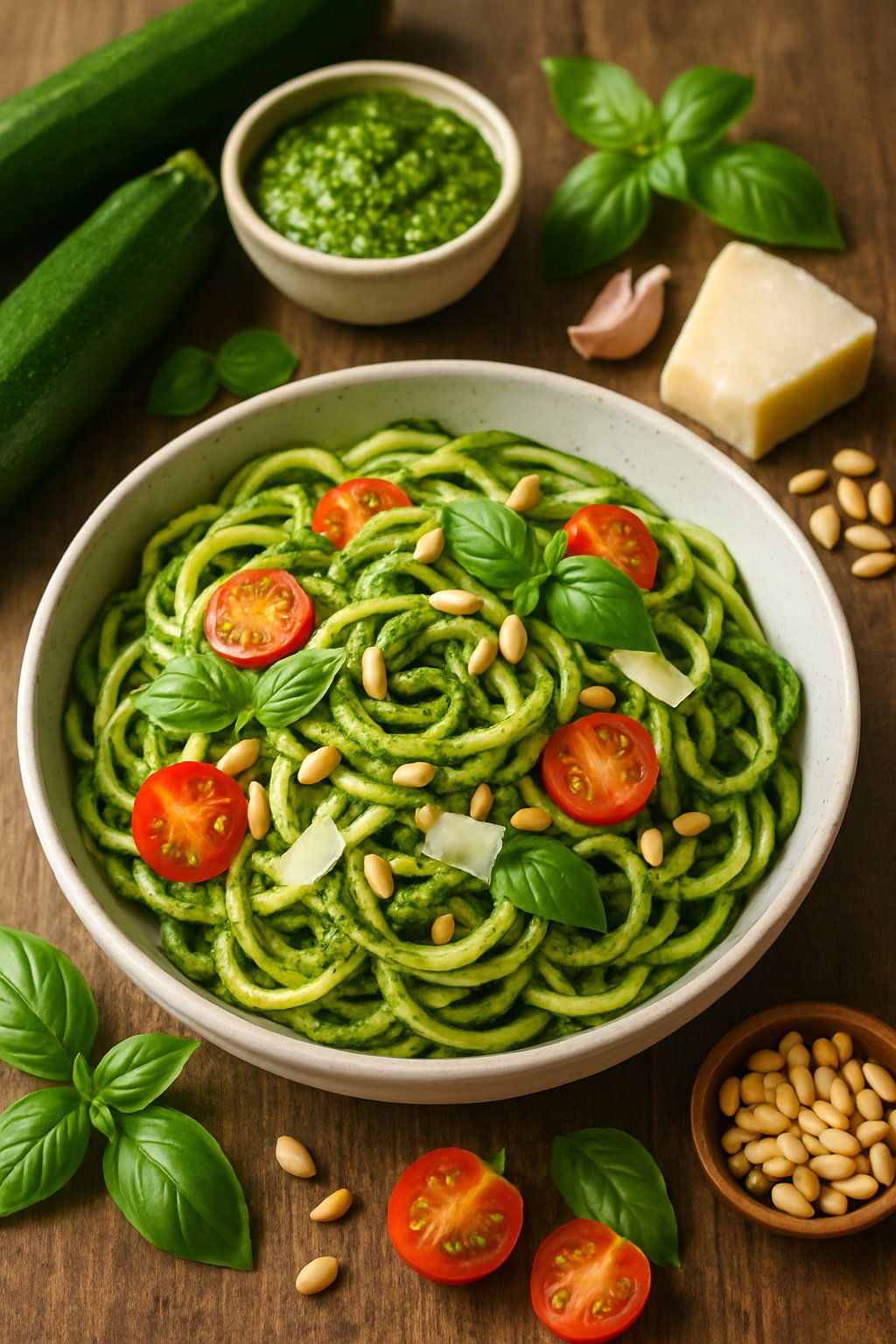 A bowl of zucchini noodles with pesto sauce, cherry tomatoes, pine nuts, basil leaves, and Parmesan cheese on a wooden table surrounded by fresh ingredients.