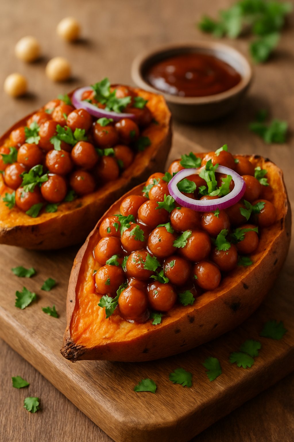 Two roasted sweet potato halves filled with BBQ chickpeas, garnished with cilantro and red onions, on a wooden board.