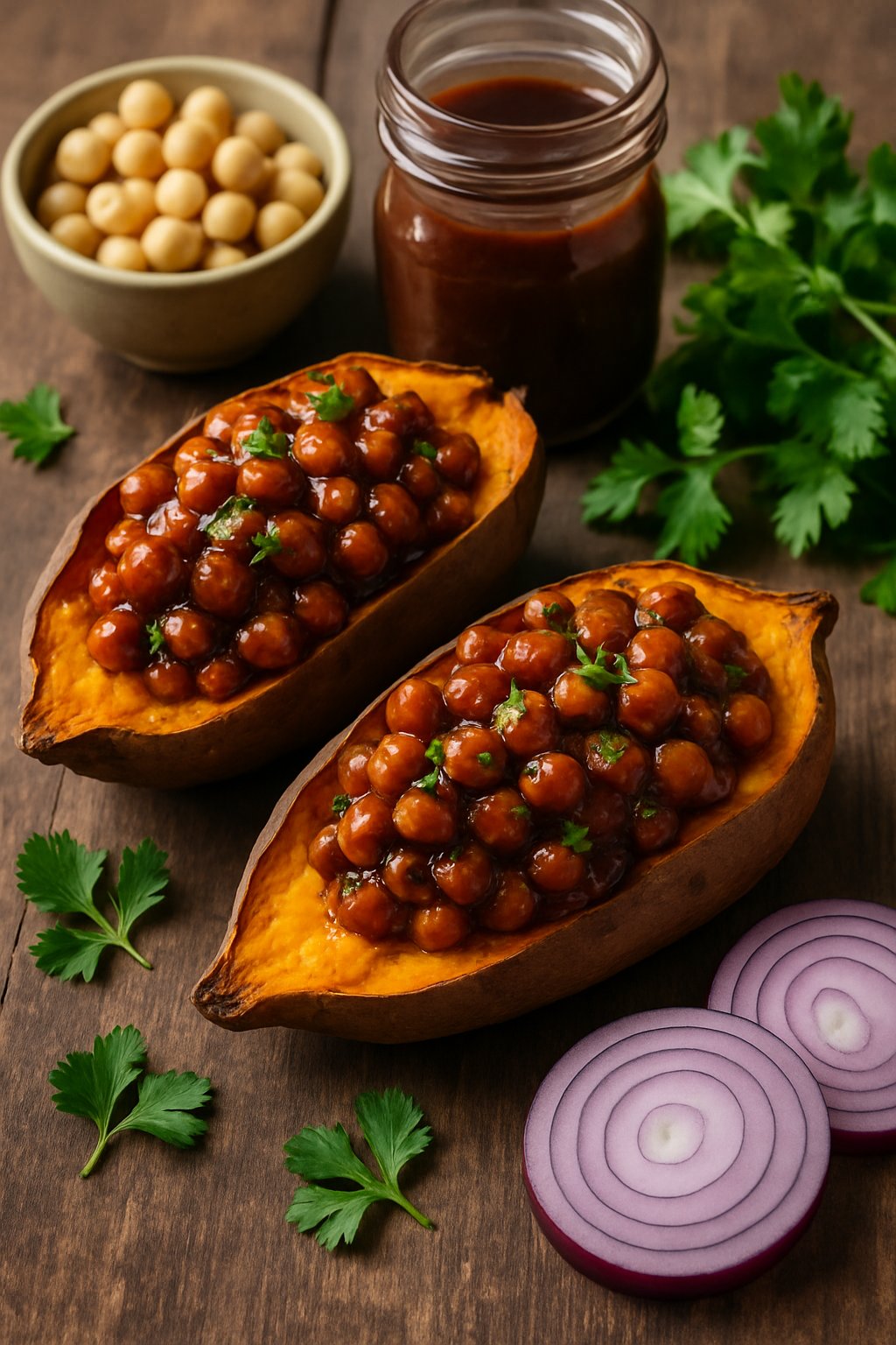 Two baked sweet potatoes stuffed with BBQ chickpeas on a wooden table with fresh herbs and barbecue sauce nearby.