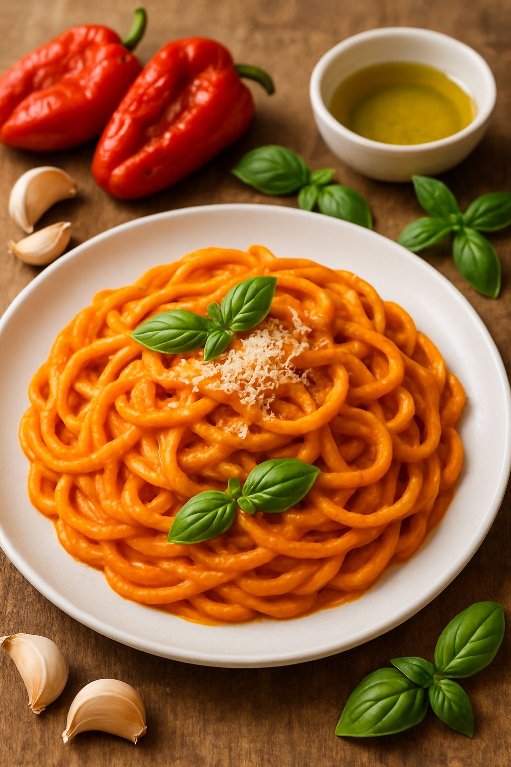 A plate of roasted red pepper pasta garnished with basil and Parmesan cheese on a wooden table with fresh ingredients around it.