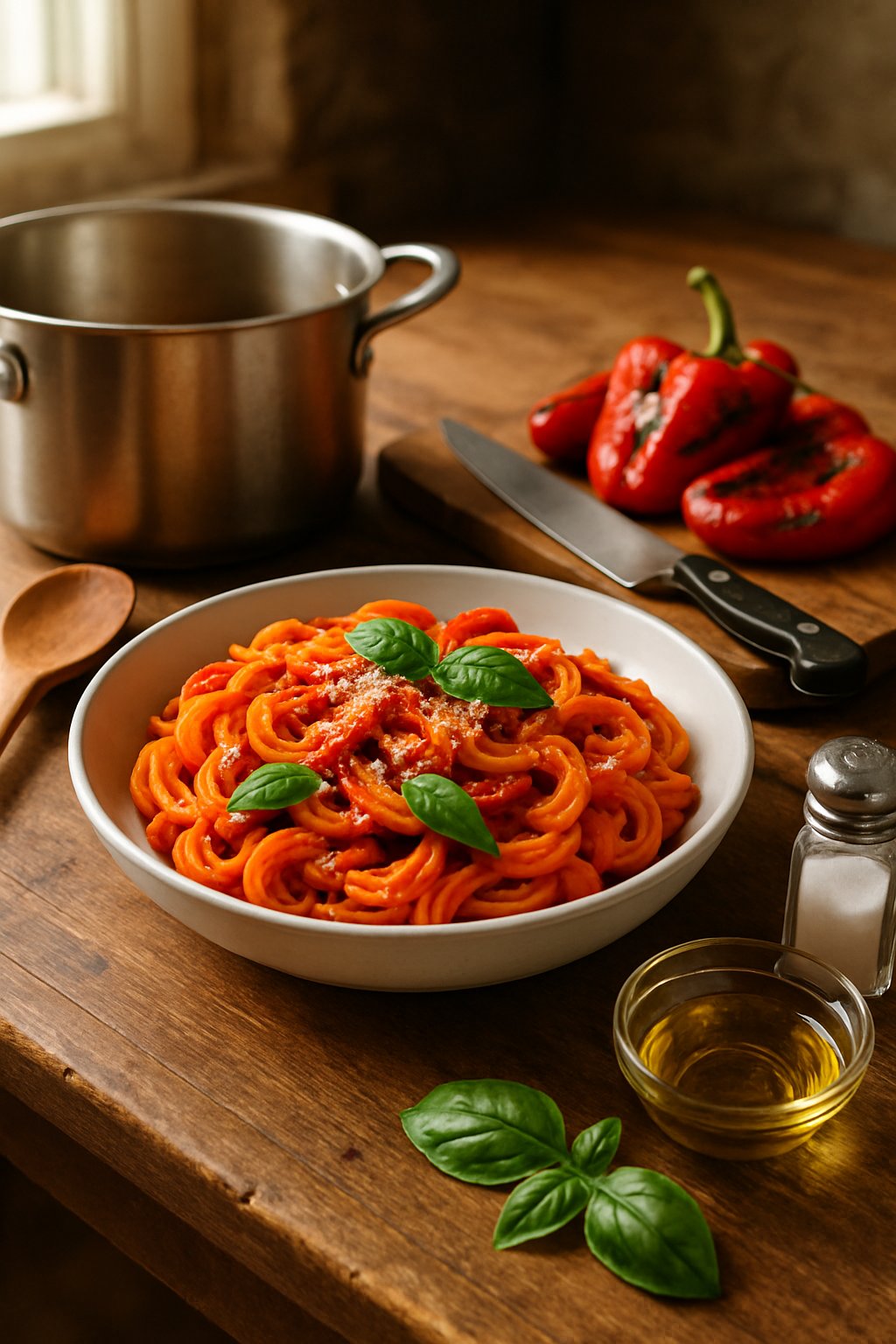 A bowl of roasted red pepper pasta on a wooden table surrounded by cooking equipment including a pot, wooden spoon, knife, cutting board with roasted peppers, olive oil, and salt.