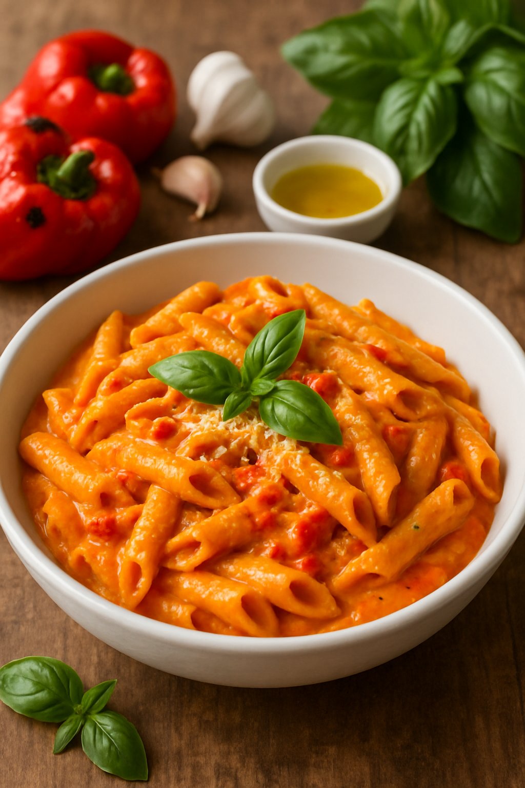 A bowl of roasted red pepper pasta garnished with basil and Parmesan on a wooden table surrounded by fresh ingredients.