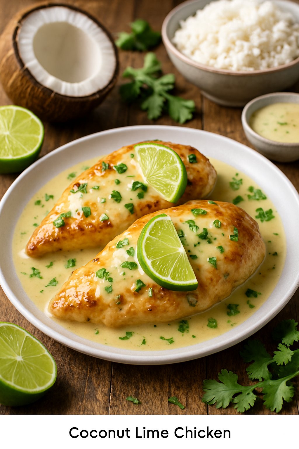 A plated coconut lime chicken dish garnished with lime wedges and cilantro, surrounded by fresh limes and a coconut on a wooden table.