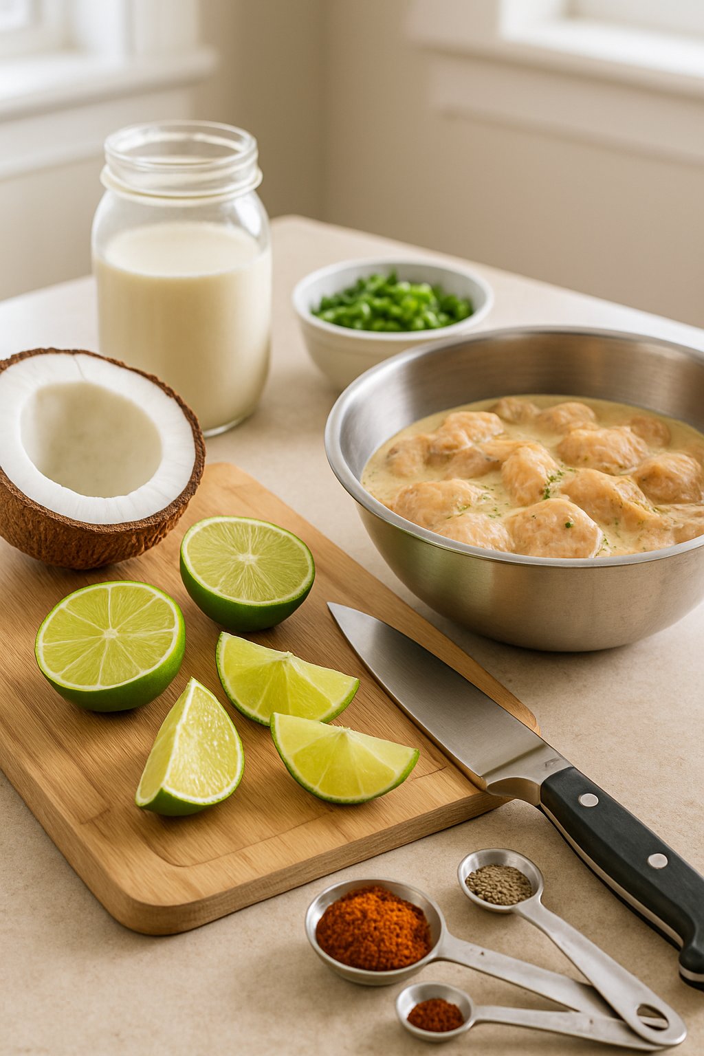 Kitchen countertop with equipment and ingredients for making coconut lime chicken, including cutting board with limes, cracked coconut, mixing bowl with marinated chicken, knife, and spices.