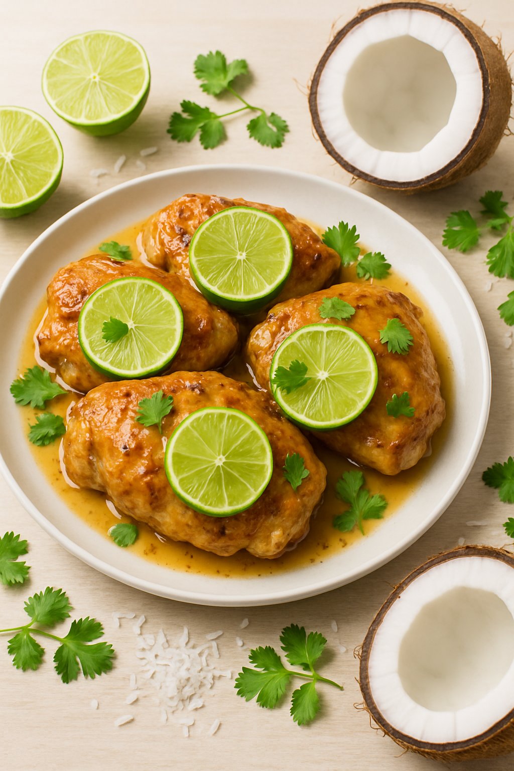A plate of cooked coconut lime chicken garnished with lime slices and herbs, surrounded by fresh limes, coconut halves, and shredded coconut on a light wooden surface.