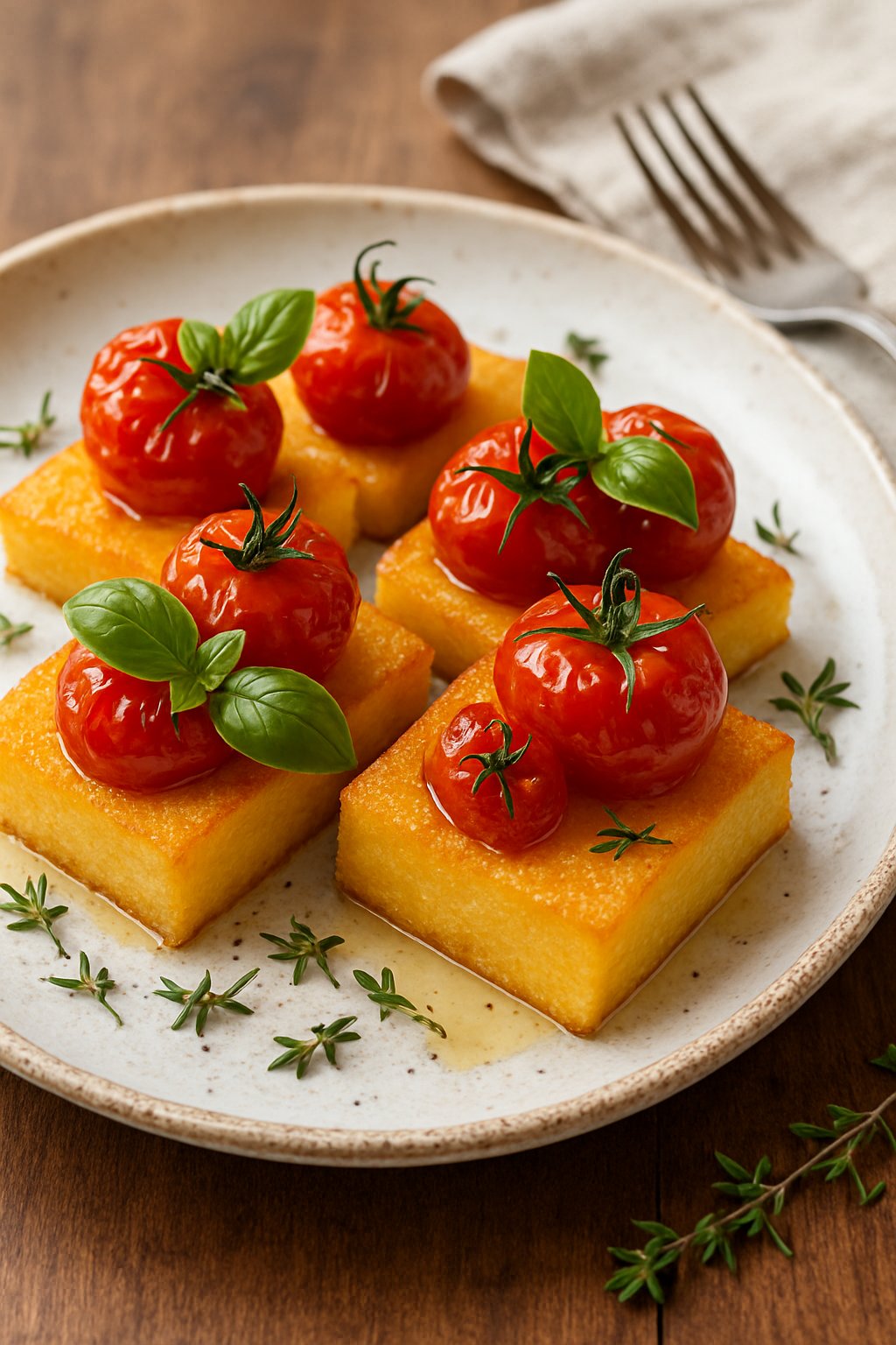 A plate of crispy polenta squares topped with roasted cherry tomatoes and fresh basil on a wooden table.