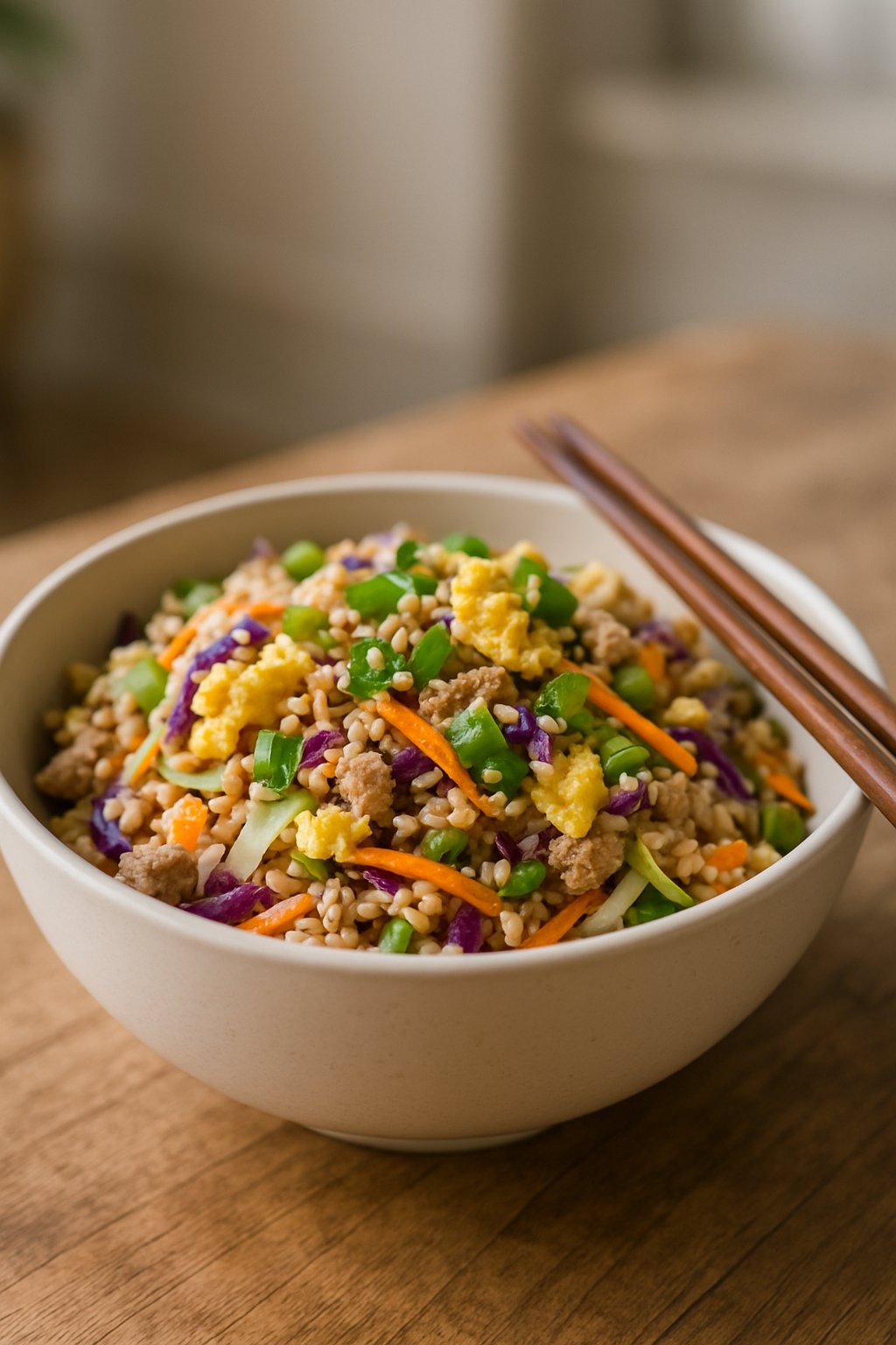 A bowl filled with egg roll ingredients including cabbage, carrots, eggs, and green onions, with chopsticks resting on the bowl.