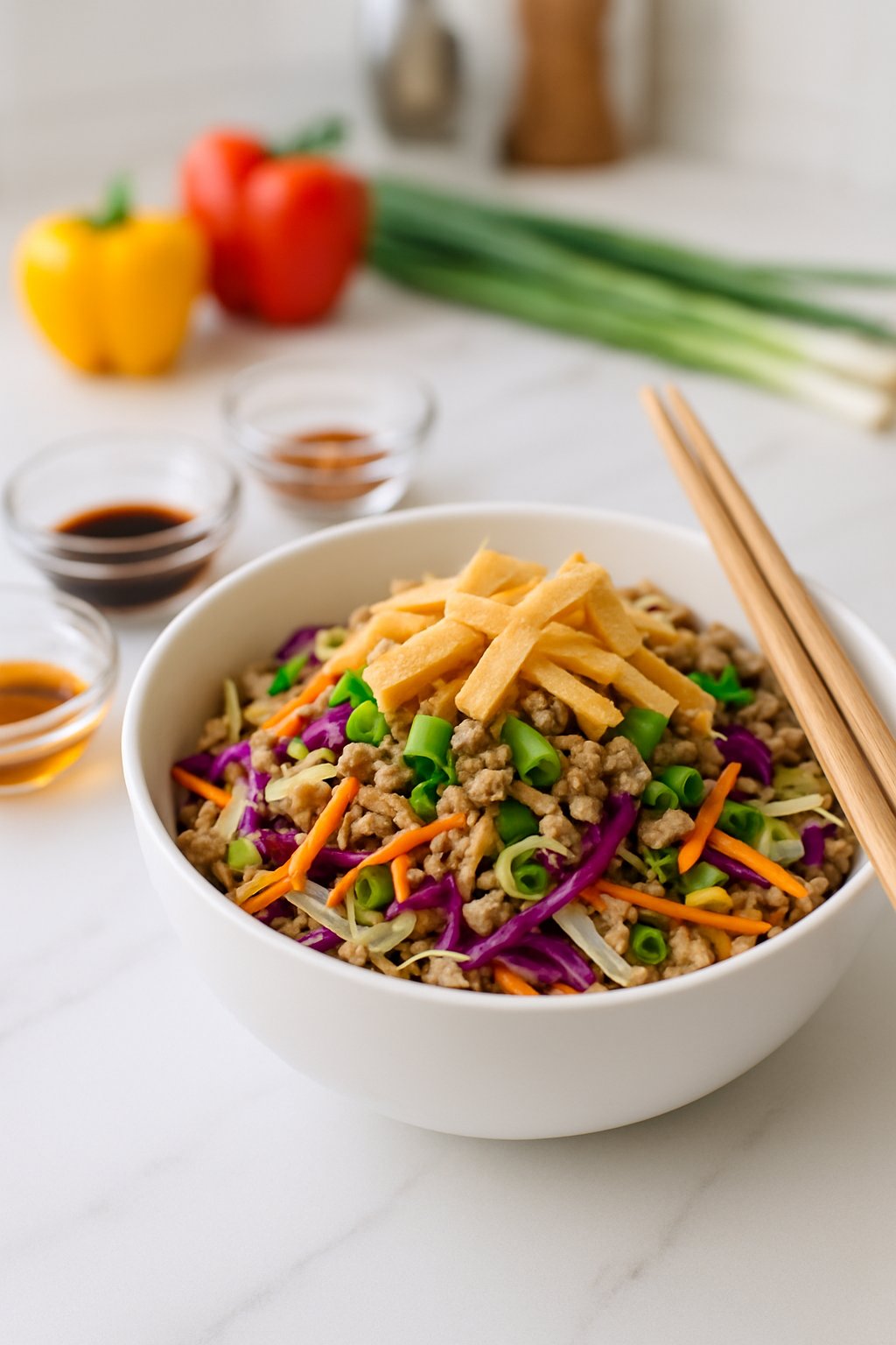 A bowl filled with egg roll ingredients including shredded cabbage, carrots, ground meat, and crispy wonton strips, with chopsticks resting on the bowl and small bowls of sauces nearby on a kitchen counter.