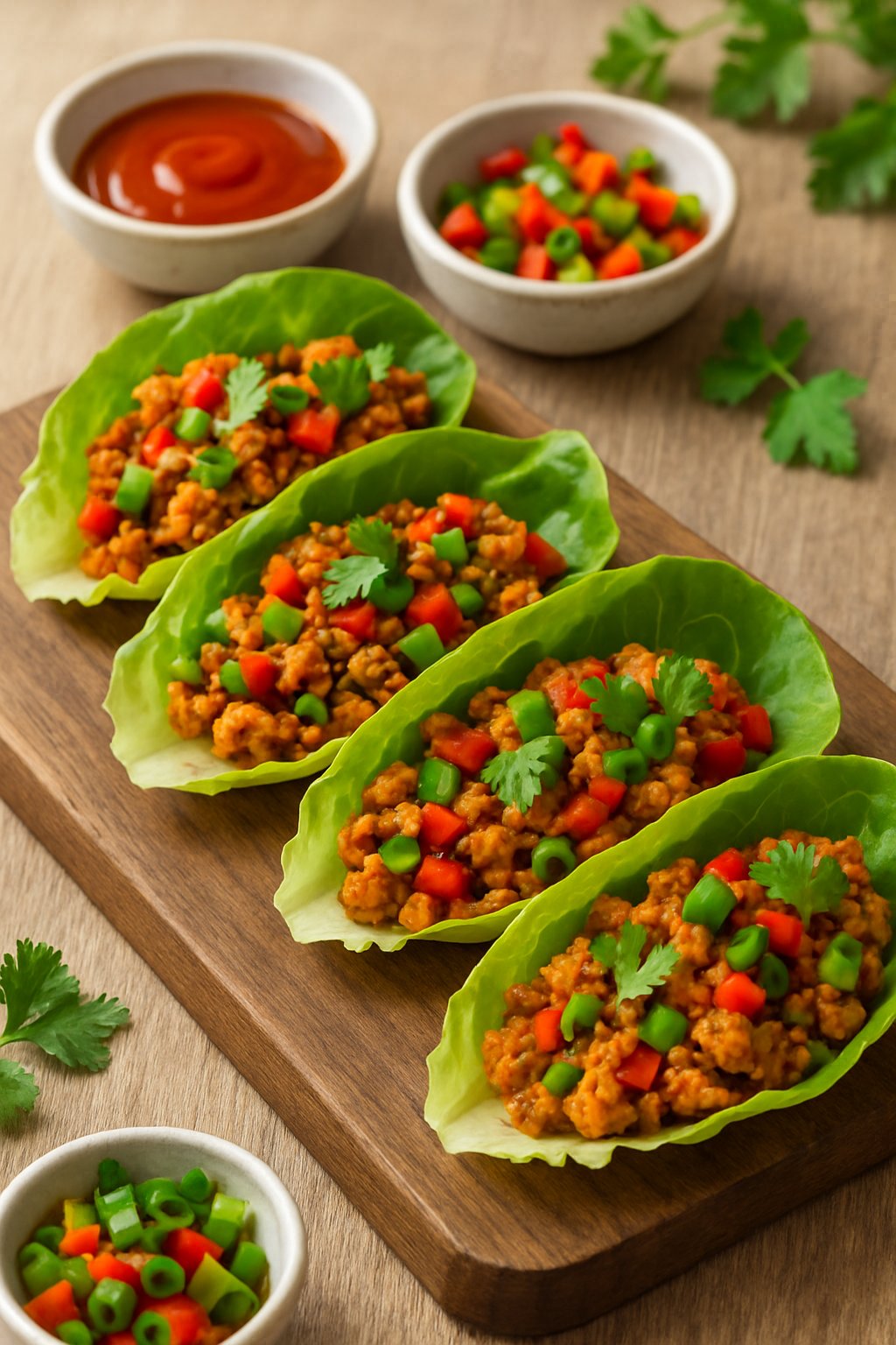 Close-up of spicy turkey lettuce wraps filled with ground turkey, vegetables, and garnished with cilantro on a wooden board.