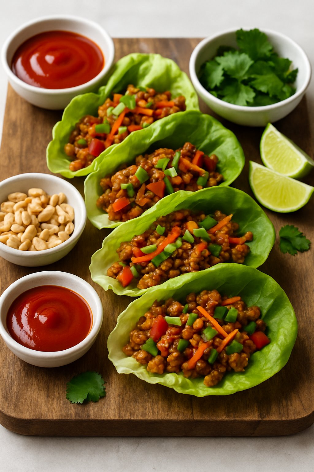 Close-up of spicy sriracha turkey lettuce wraps filled with ground turkey and vegetables, served on a wooden board with bowls of sauce and garnishes nearby.