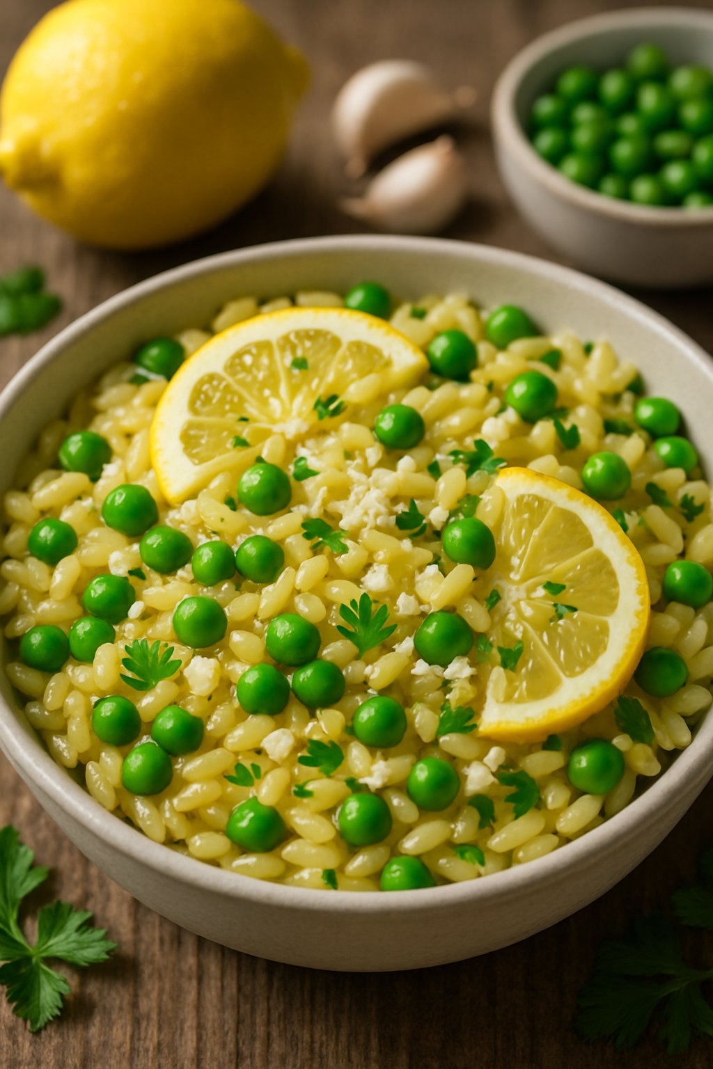 A bowl of lemon garlic orzo pasta with peas, garnished with parsley and Parmesan cheese on a wooden table.