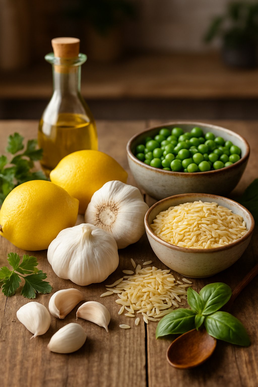 Fresh lemons, garlic, orzo pasta, and green peas arranged on a wooden table with herbs and olive oil.