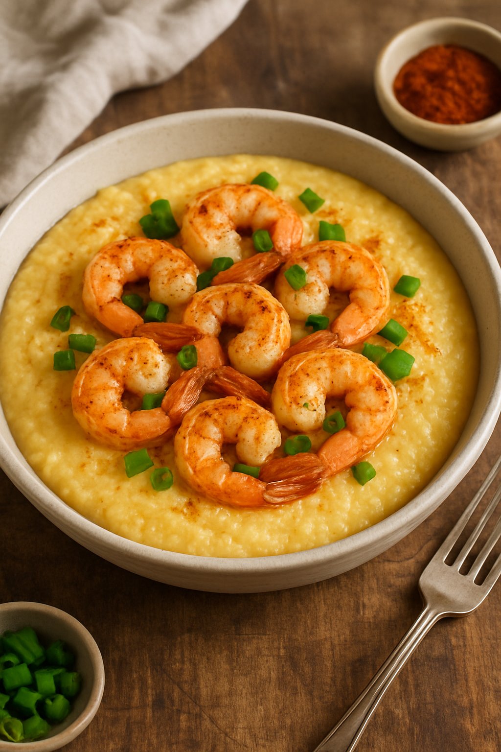 A bowl of shrimp and grits garnished with green onions on a wooden table with a fork beside it.