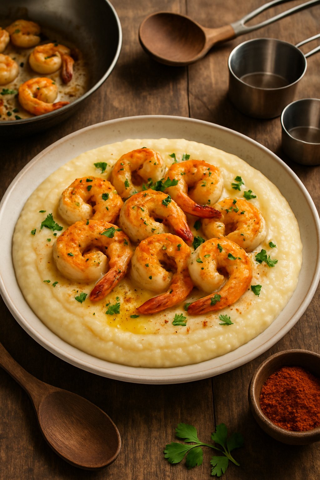 A plated shrimp and grits dish on a wooden table with cooking utensils and ingredients nearby.