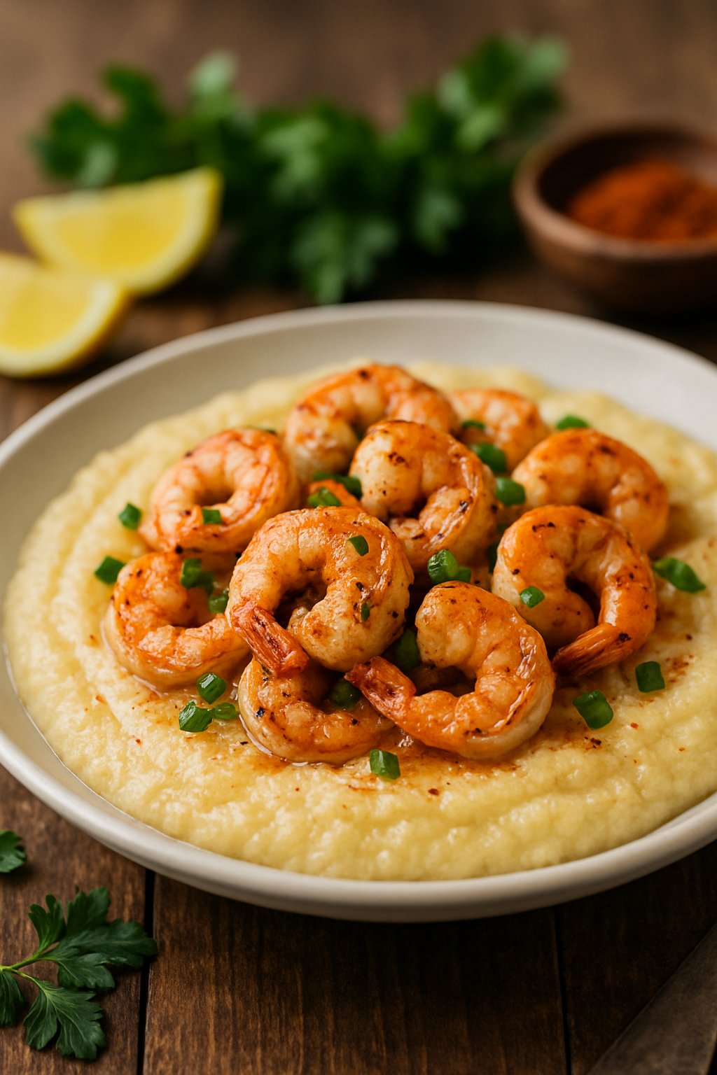 A plate of shrimp and grits garnished with green onions on a wooden table with fresh ingredients nearby.