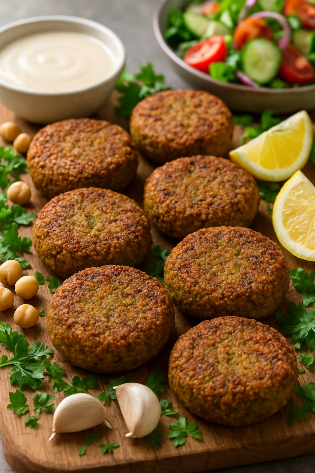Freshly baked falafel patties on a wooden board with chickpeas, parsley, lemon wedges, and tahini sauce in the background.