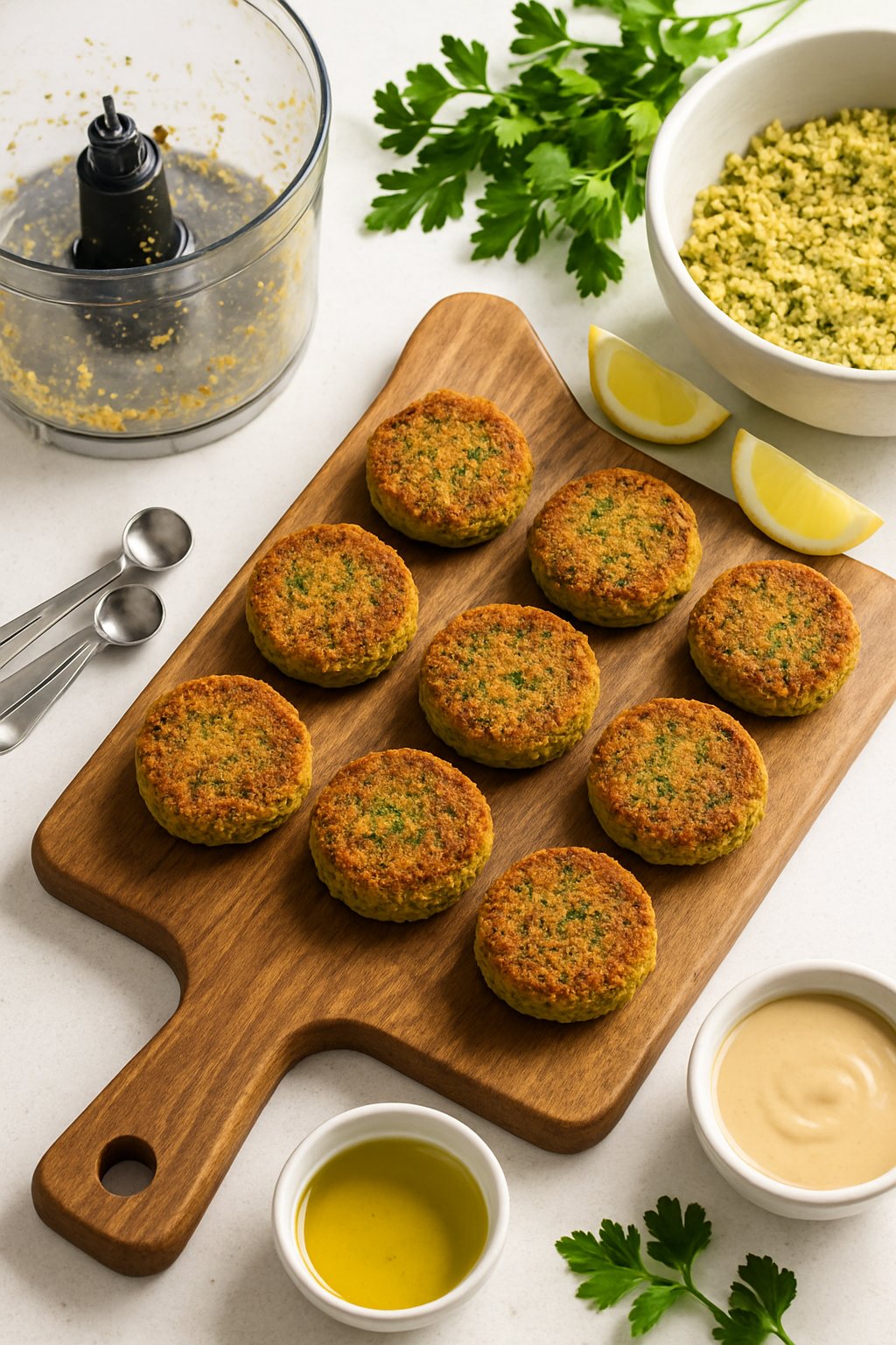 Freshly baked falafel patties on a wooden board surrounded by kitchen equipment and ingredients including a food processor, mixing bowl, olive oil, parsley, lemon wedges, and tahini sauce on a kitchen countertop.