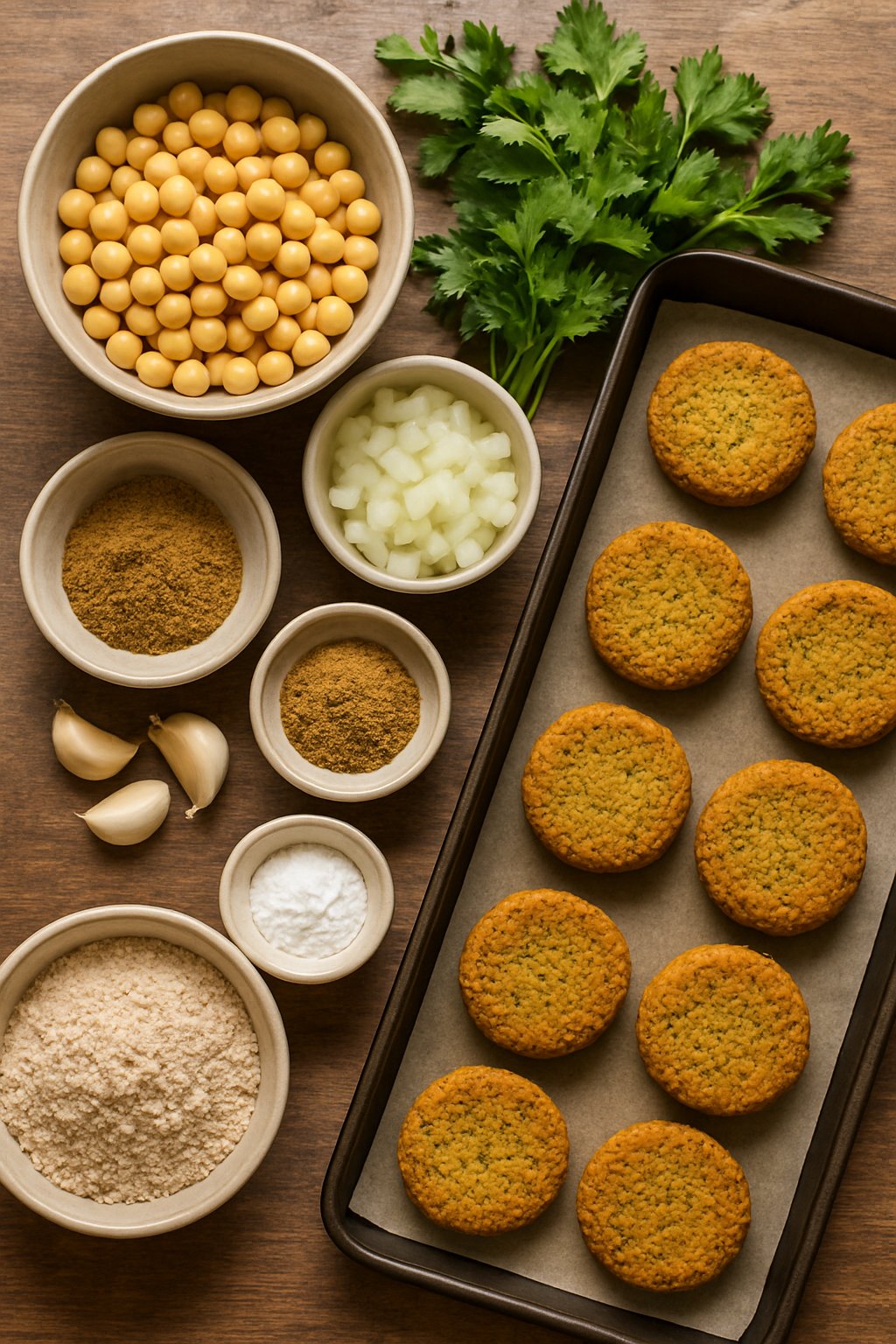 A wooden surface with ingredients for baked falafel patties including chickpeas, herbs, spices, chopped onions, and baked falafel patties on a baking tray.