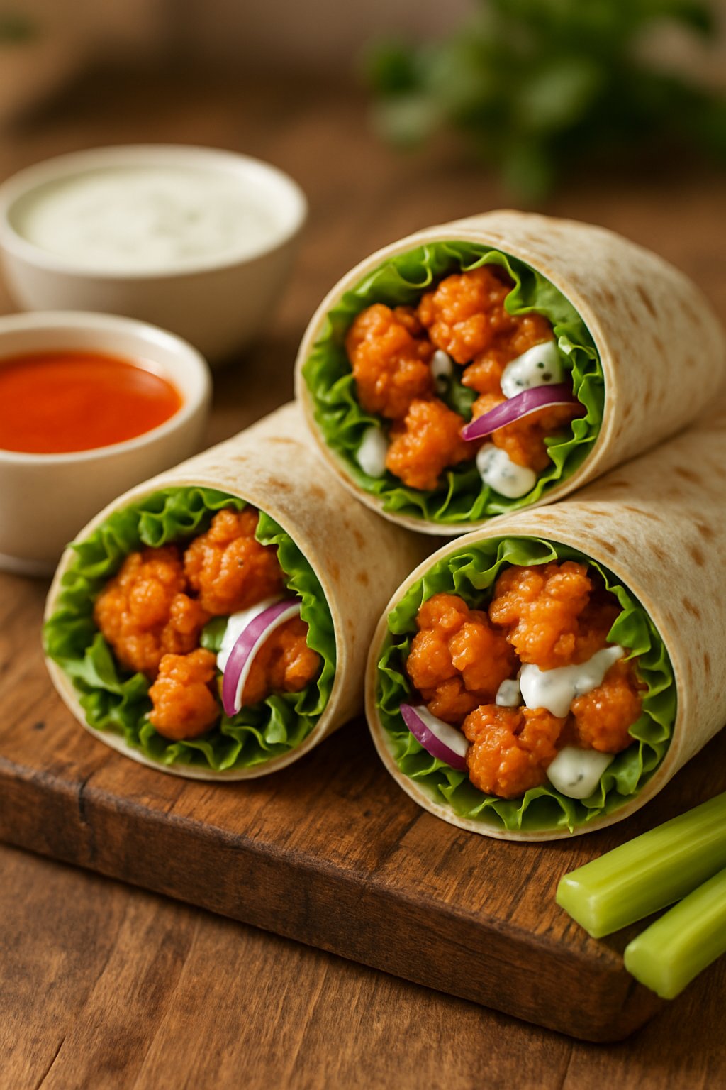 Buffalo cauliflower wraps filled with crispy cauliflower, lettuce, and sauce on a wooden board with dipping sauces and celery sticks nearby.