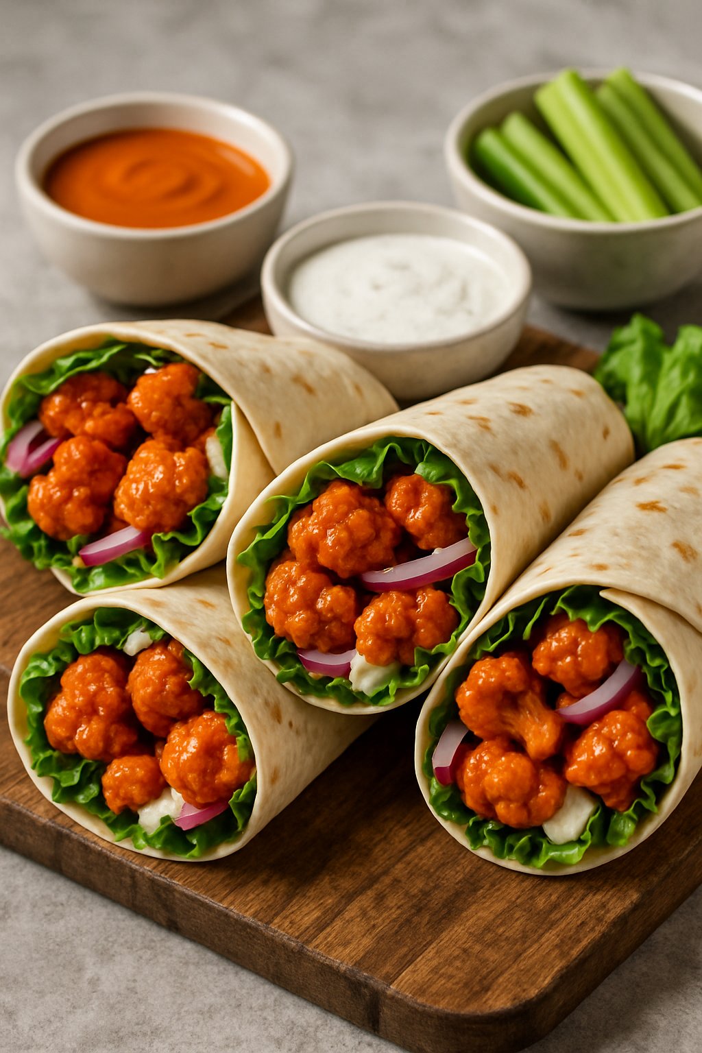 Close-up of buffalo cauliflower wraps filled with spicy cauliflower, lettuce, and sauce on a wooden board with bowls of sauce and celery sticks nearby.