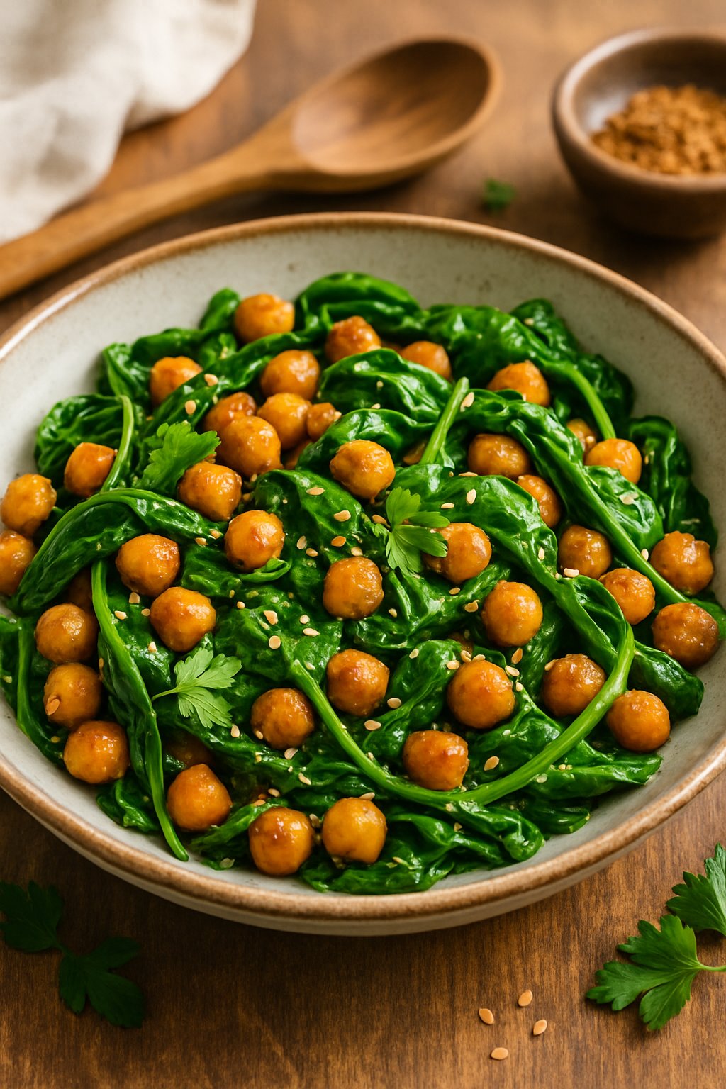 A bowl of crispy chickpea and spinach sauté garnished with herbs on a wooden table.