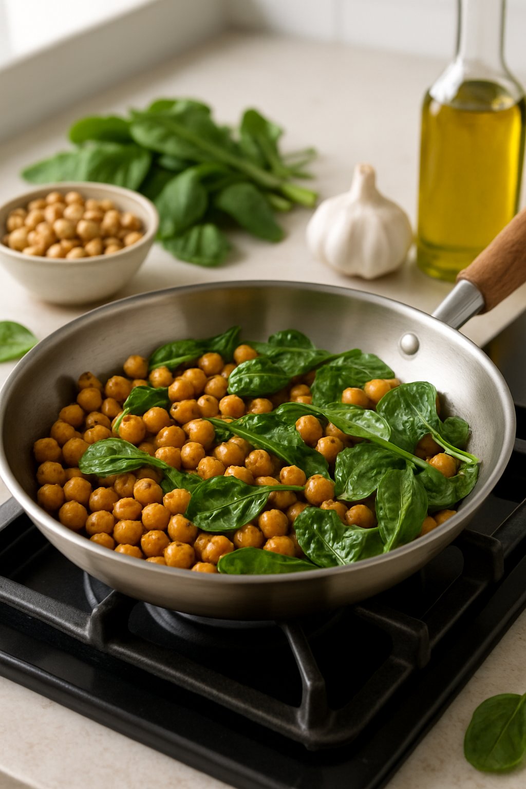 A sauté pan on a stovetop cooking crispy chickpeas and fresh spinach with fresh ingredients nearby in a kitchen.