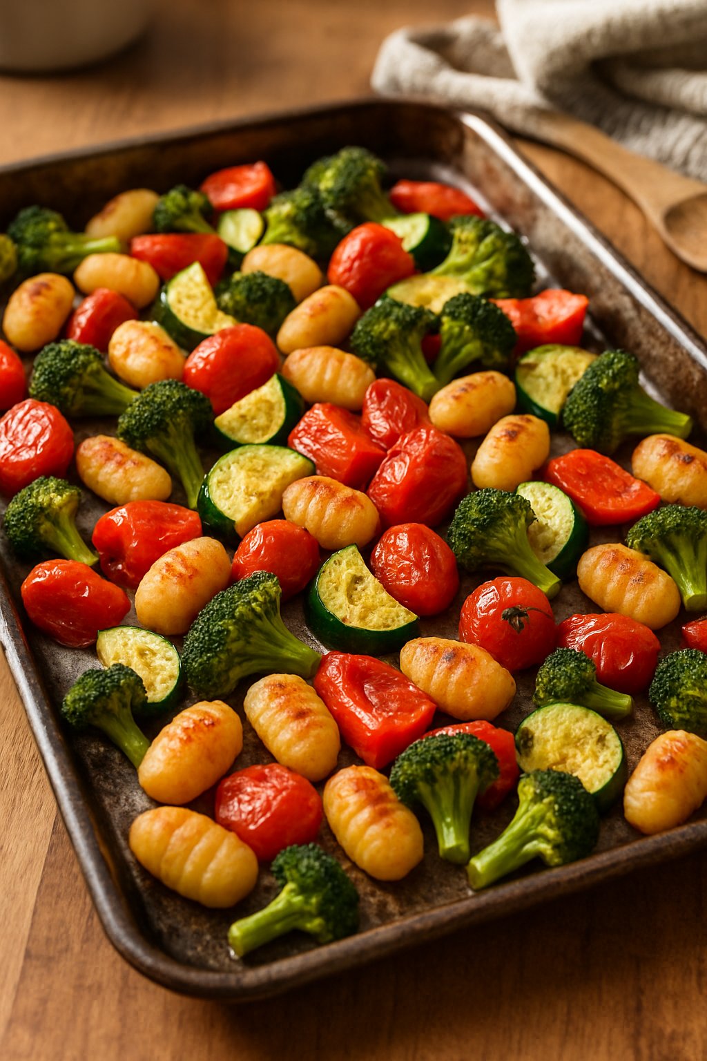 Sheet pan filled with roasted gnocchi and a variety of colorful vegetables on a wooden countertop.