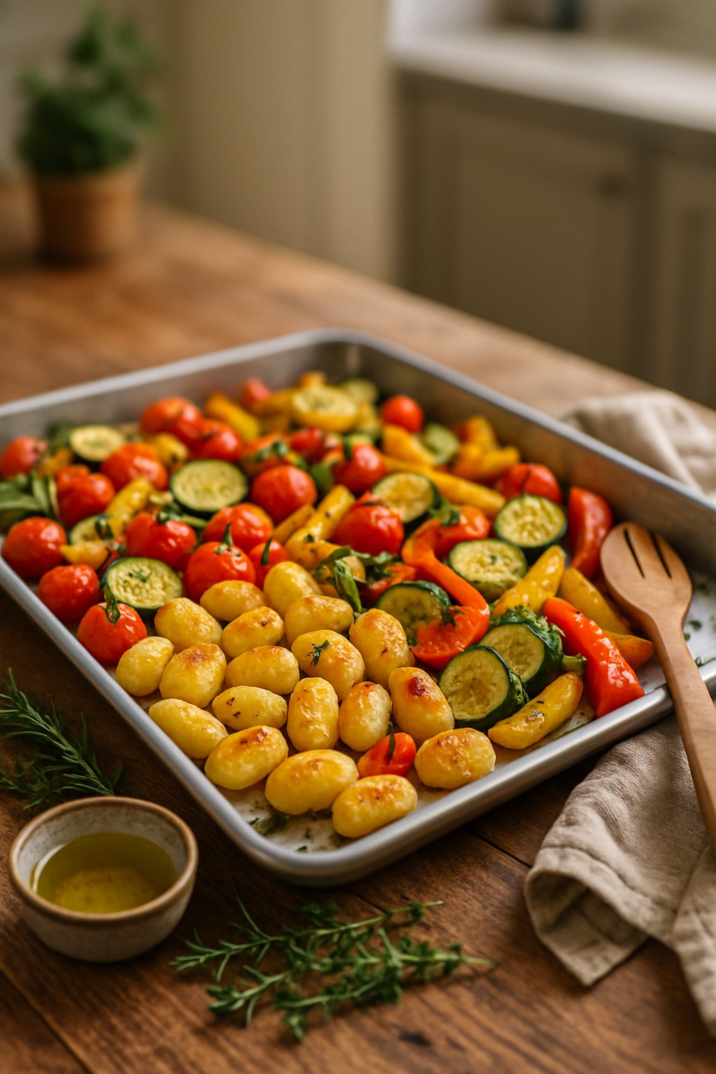 A sheet pan filled with roasted gnocchi and assorted vegetables on a wooden countertop with cooking utensils nearby.