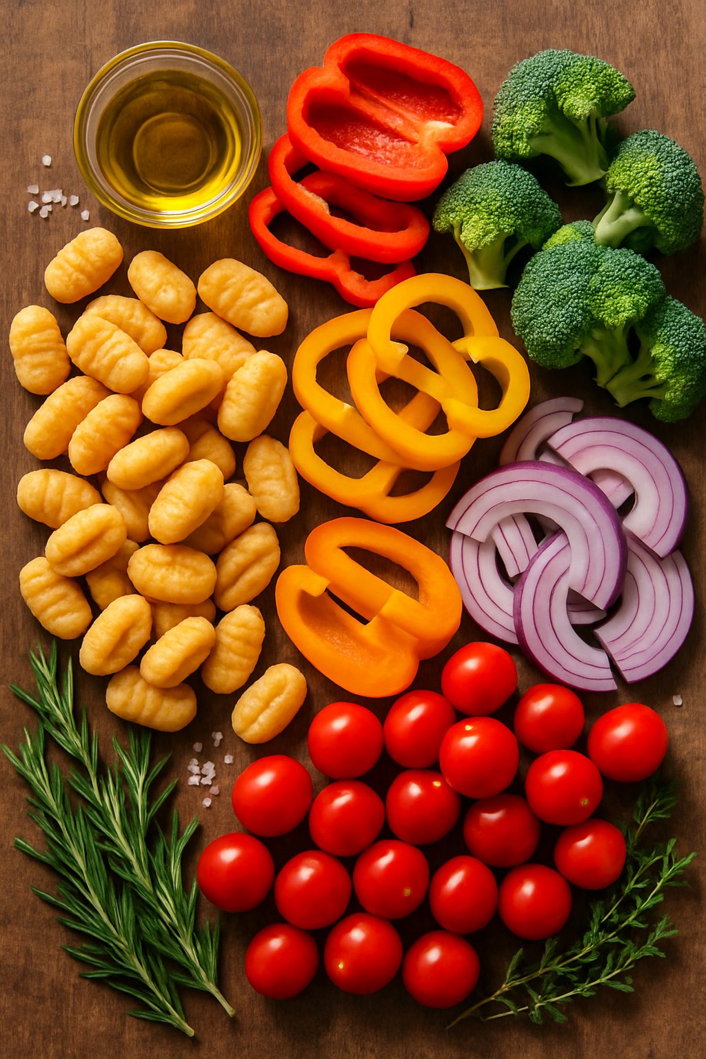 Fresh gnocchi and colorful vegetables including bell peppers, broccoli, red onions, and cherry tomatoes arranged on a wooden surface with herbs and olive oil.