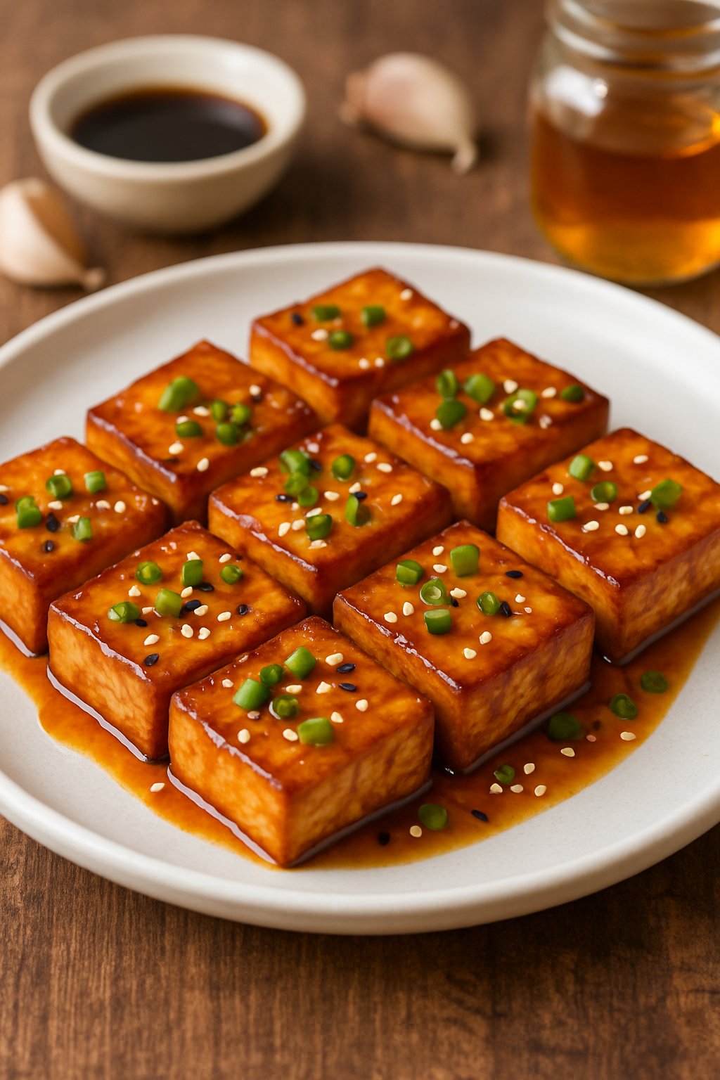 A plate of honey soy baked tofu garnished with green onions and sesame seeds on a wooden table with fresh ingredients in the background.