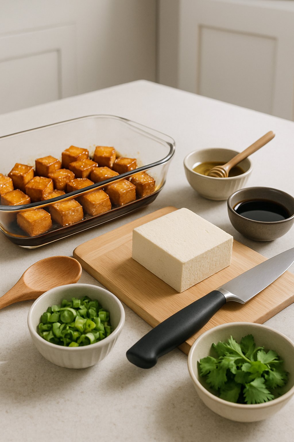 A kitchen countertop with baked tofu in a glass dish, bowls of honey and soy sauce, a wooden spoon, knife, cutting board with tofu, and fresh green garnishes.