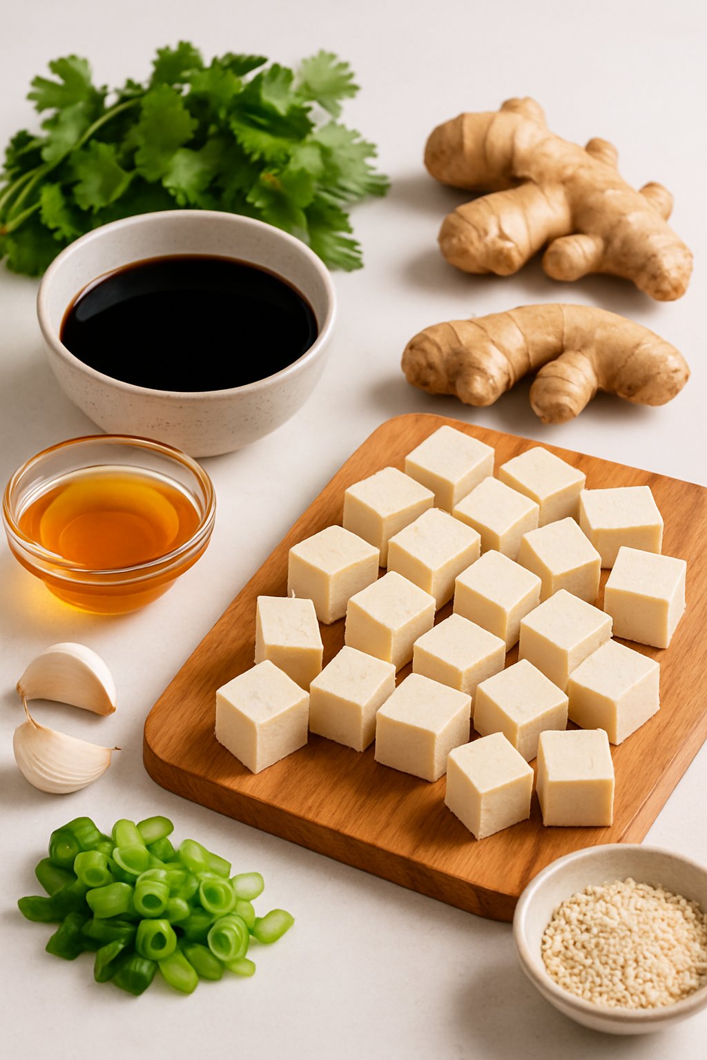 A kitchen countertop with cubed tofu, honey, soy sauce, garlic, green onions, sesame seeds, ginger, and cilantro arranged for cooking.