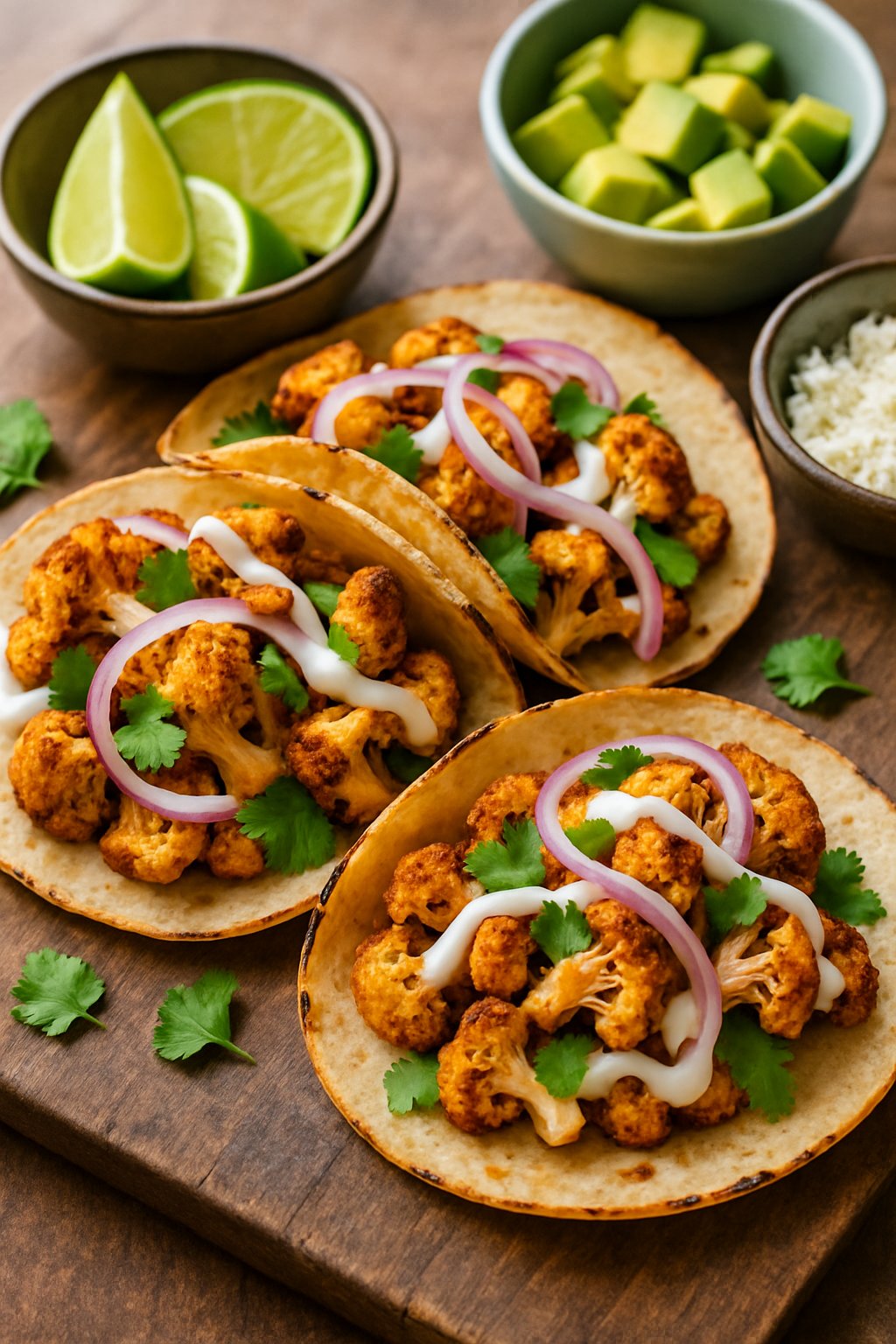 Three roasted cauliflower tacos on a wooden surface topped with cilantro, red onions, and sauce, with lime wedges and avocado nearby.