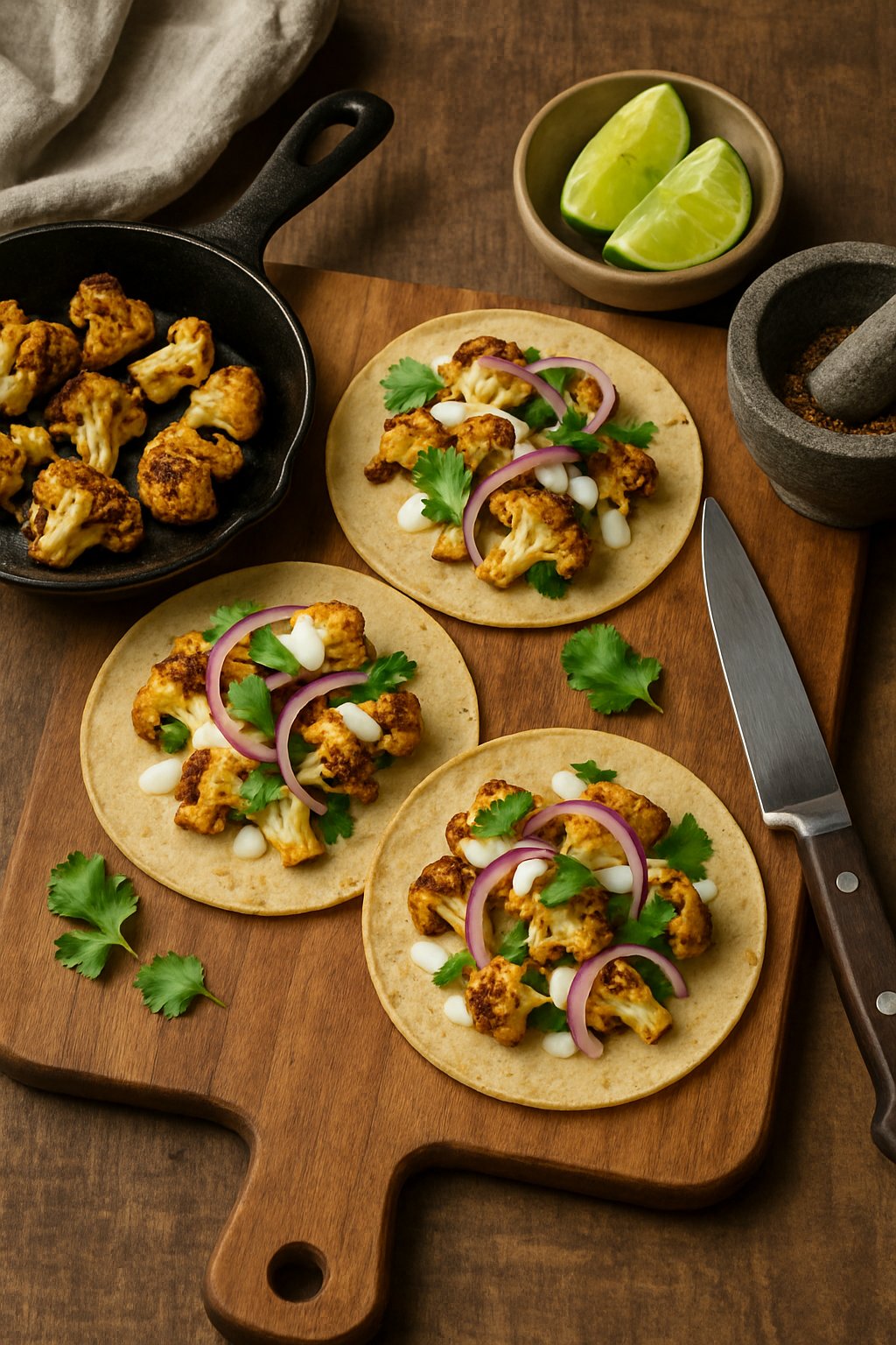 Three roasted cauliflower tacos on a wooden board with cooking utensils and lime wedges in a kitchen setting.