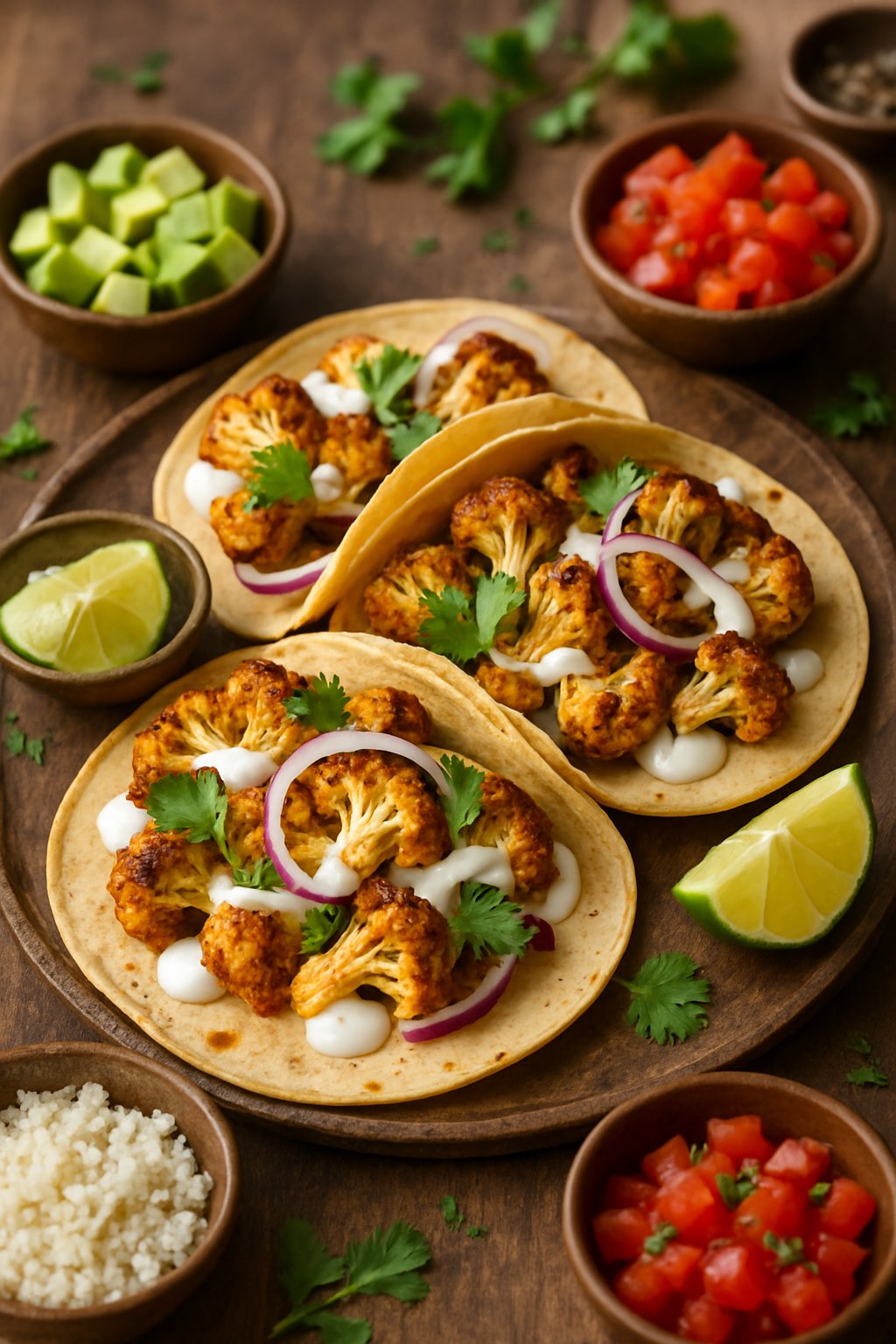 A plate of roasted cauliflower tacos with toppings including cilantro, red onions, and sauce, surrounded by bowls of avocado, lime wedges, and diced tomatoes on a wooden table.